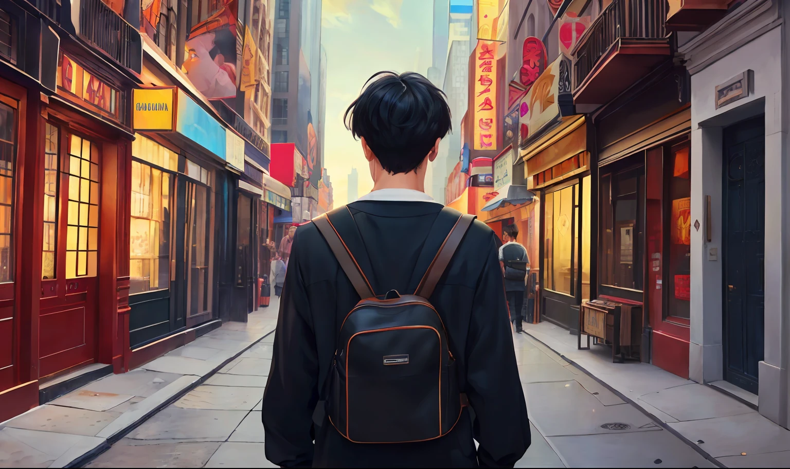 ((obra maestra)),(((La mejor calidad))), (alta calidad, impresionante),(ojos expresivos, Cara perfecta), Sad 15-year-old boy with straight black hair, piel morena sin ropa, Walking lost through the streets of New York looking at someone else walking away