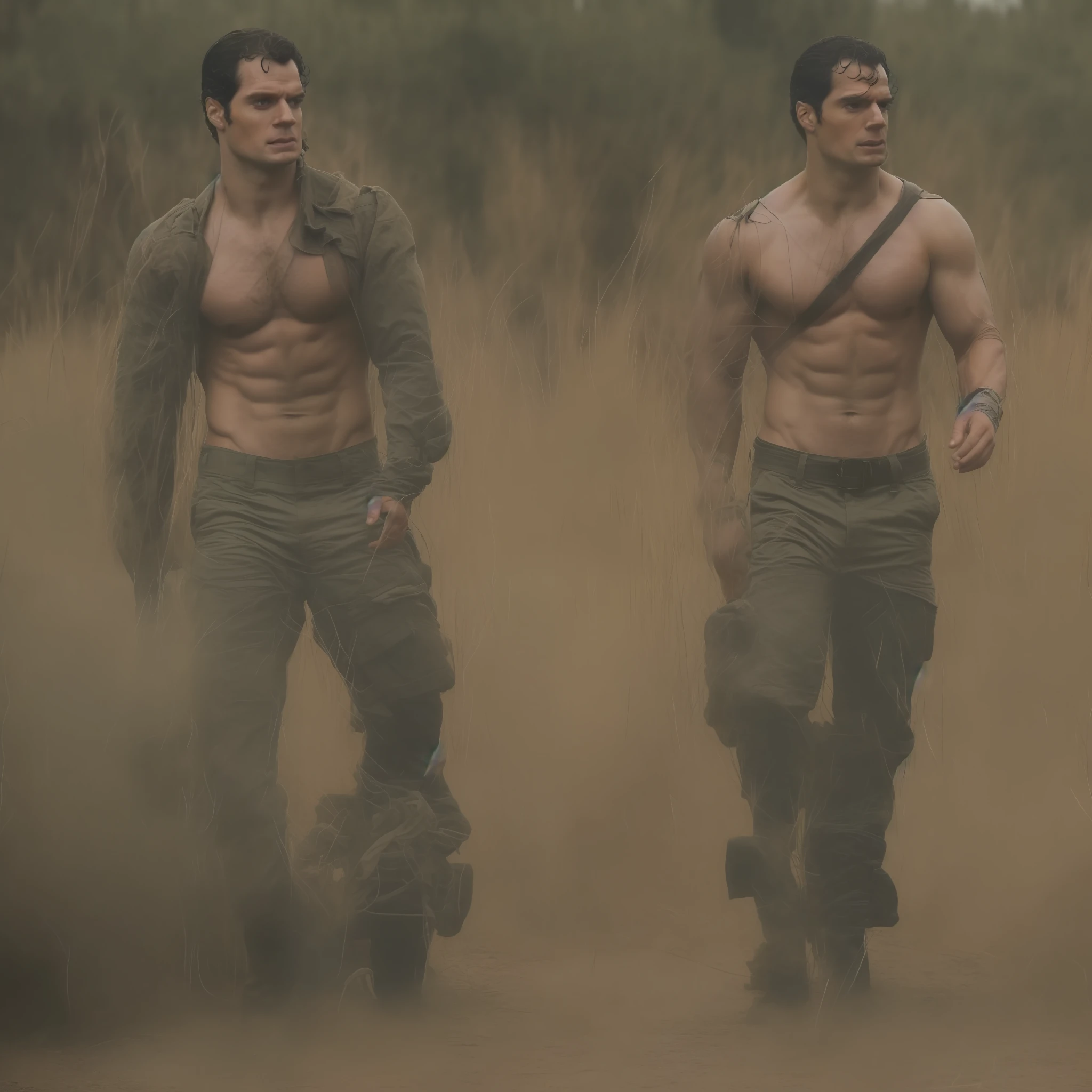 Henry Cavill shirtless in military pants, huge bulge, very noticeable pen1s bulging