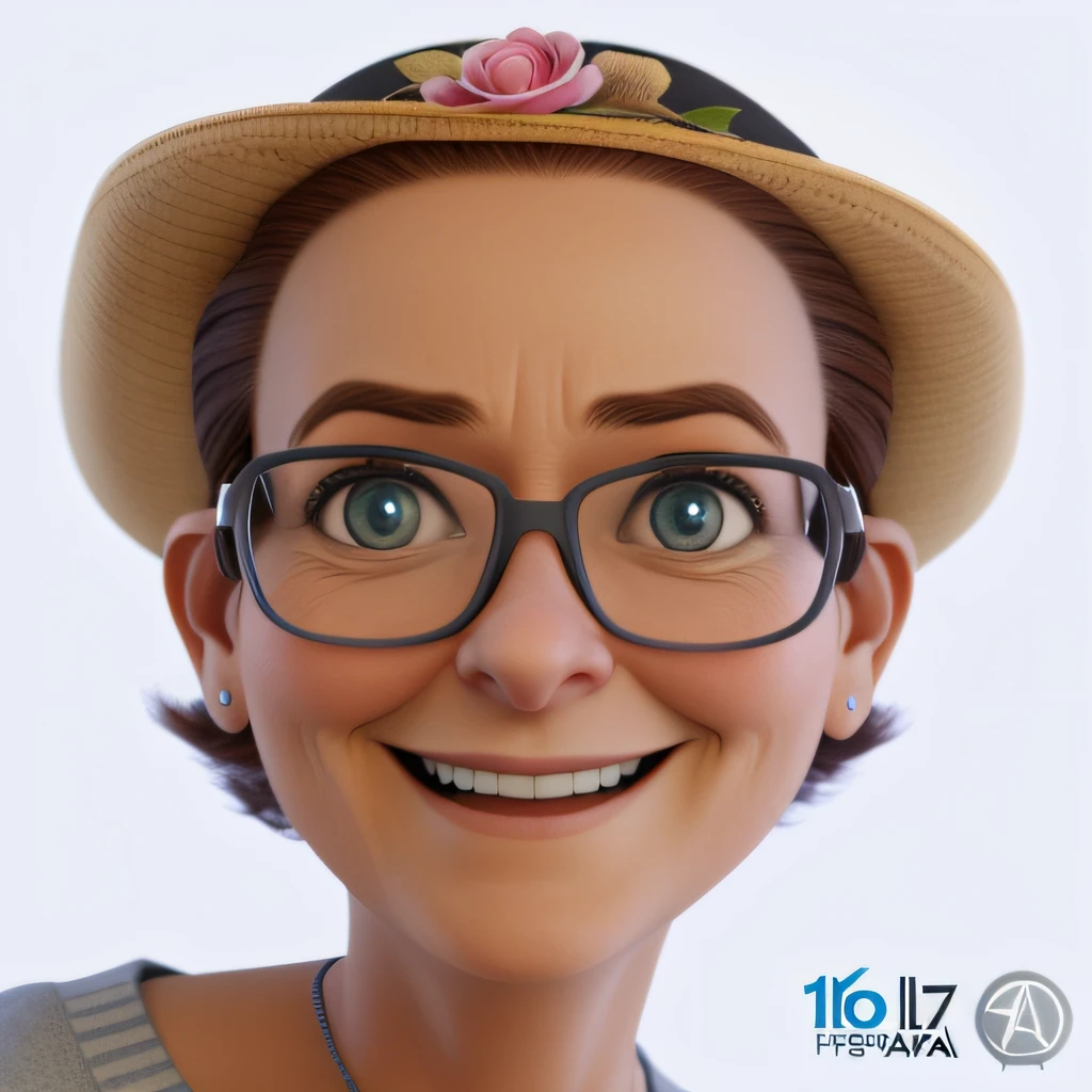 uma mulher sorridente de 40 anos, expression of surprise, with glasses and hat, cabelos castanhos, olhos castanhos, imagem da Pixar, imagem ultra realista 4k, retrato de weta Disney