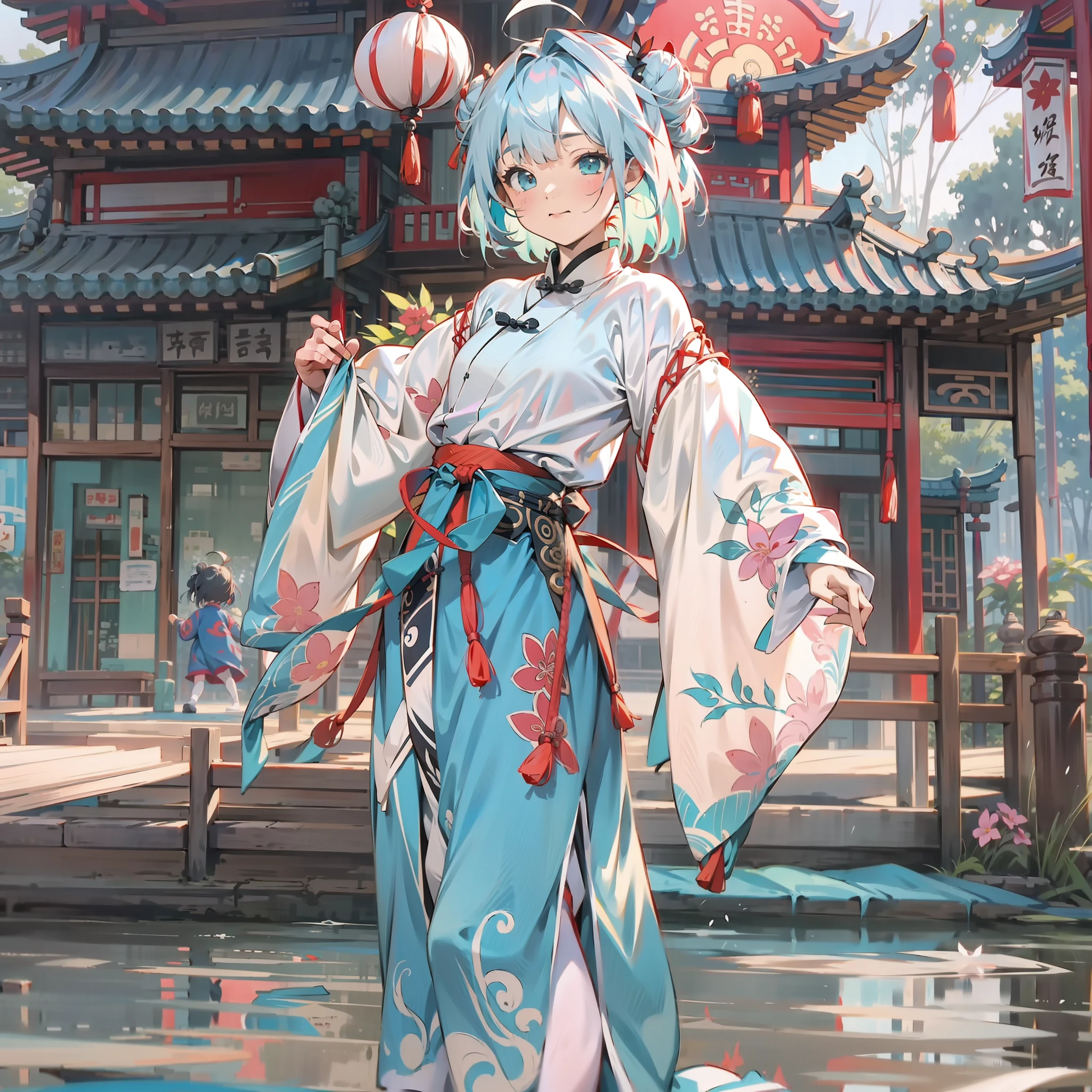 1girl，loli,bangs,{hanfu}，double_bun，ahoge,{ chinese clothes，Tai Chi}, short hair, (turquoise,Chinese Tang suit),(aqua_eyes),solo, {white hair),,young girl,{{chinese style architecture},{[white_thighhighs}]}，{{{loafers}},( silly,torogao),