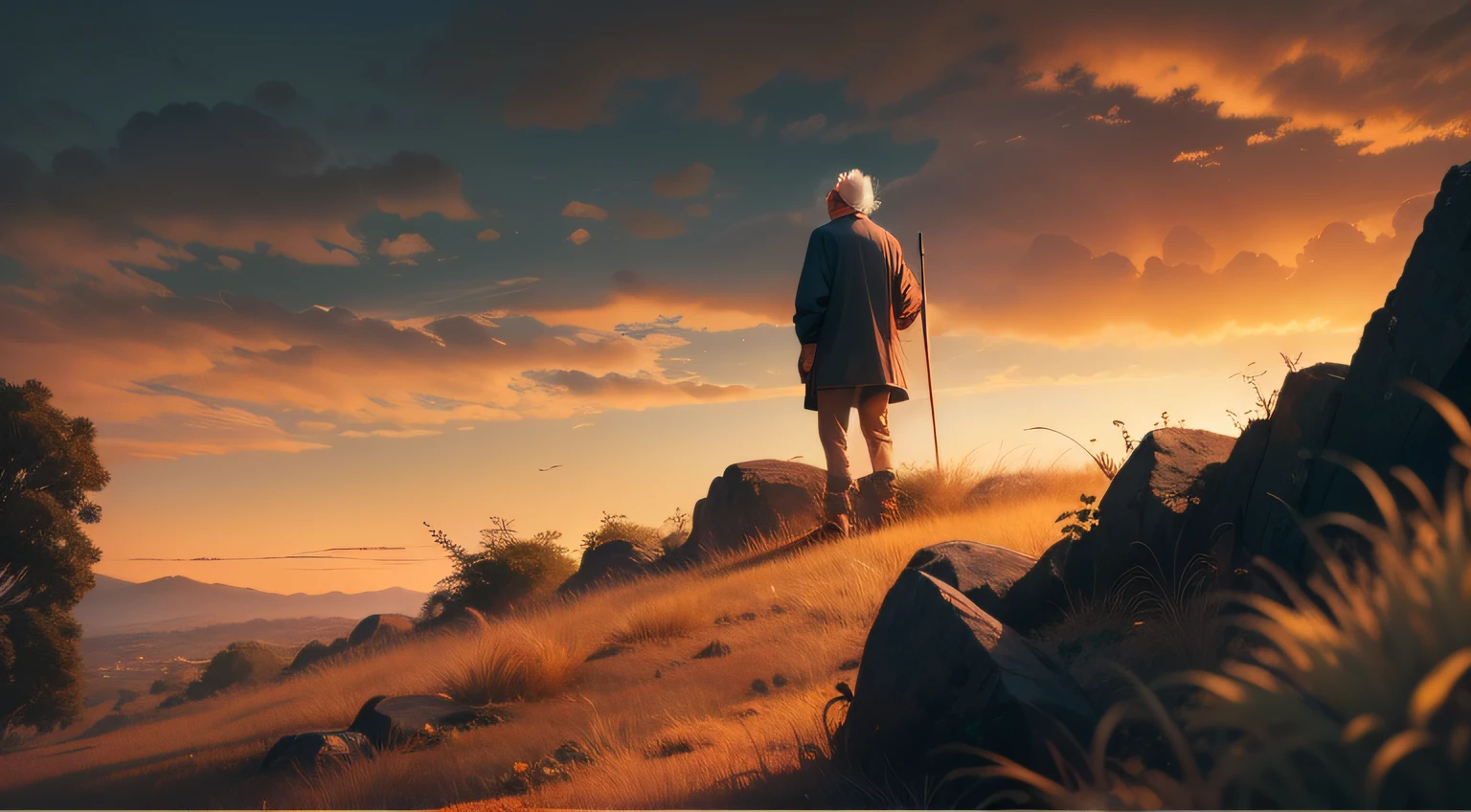 Ultra Detalhado,natureza do fundo, There's an old man looking up,sentado em uma rocha,on top of a hill Sunset, 4k,