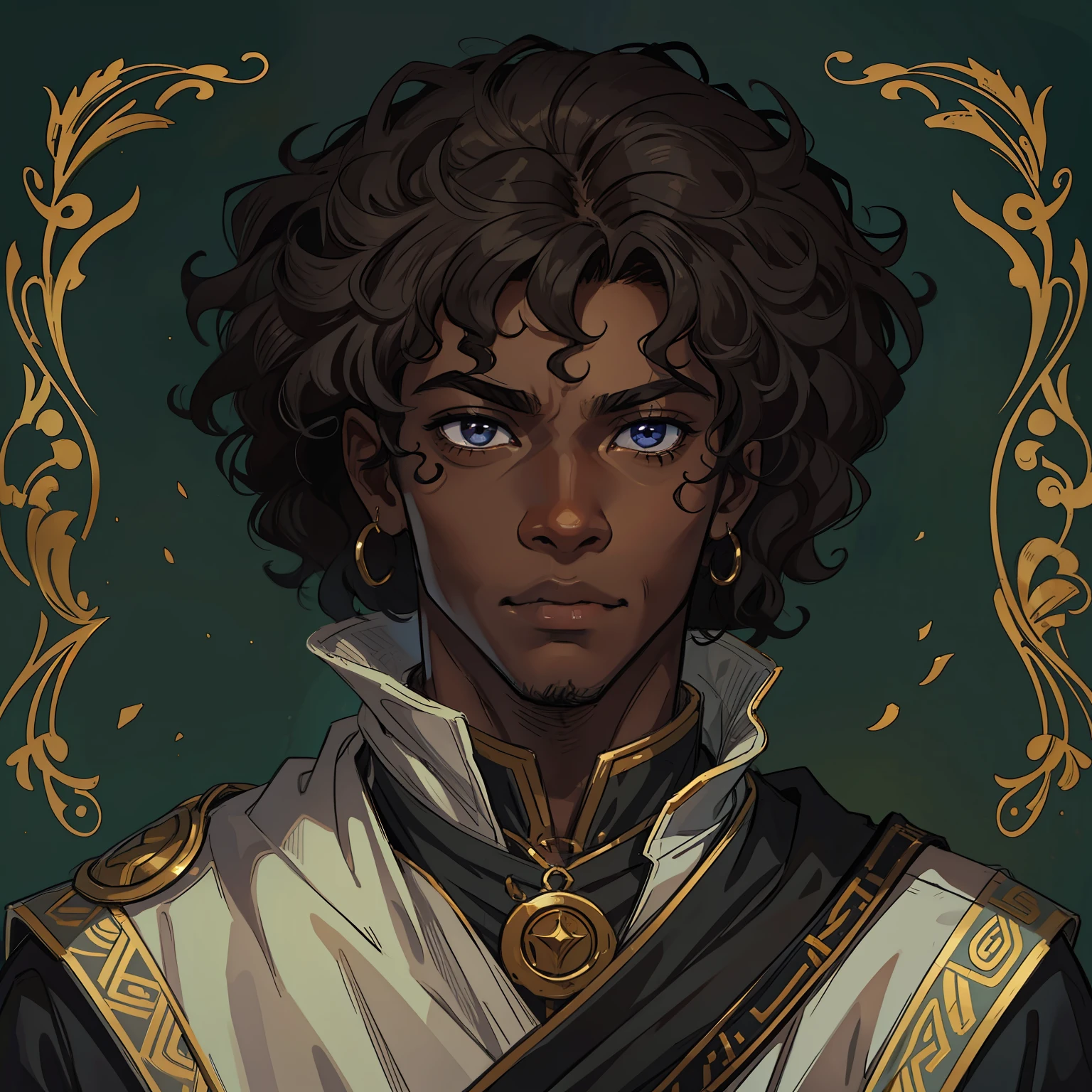 A young black man with black African skin, this man wears an elegant black robe, has wavy hair, curly curly brown hair, and has a pair of cat ears on his head; he is a determined, confident-looking young man, a medieval art for RPG;