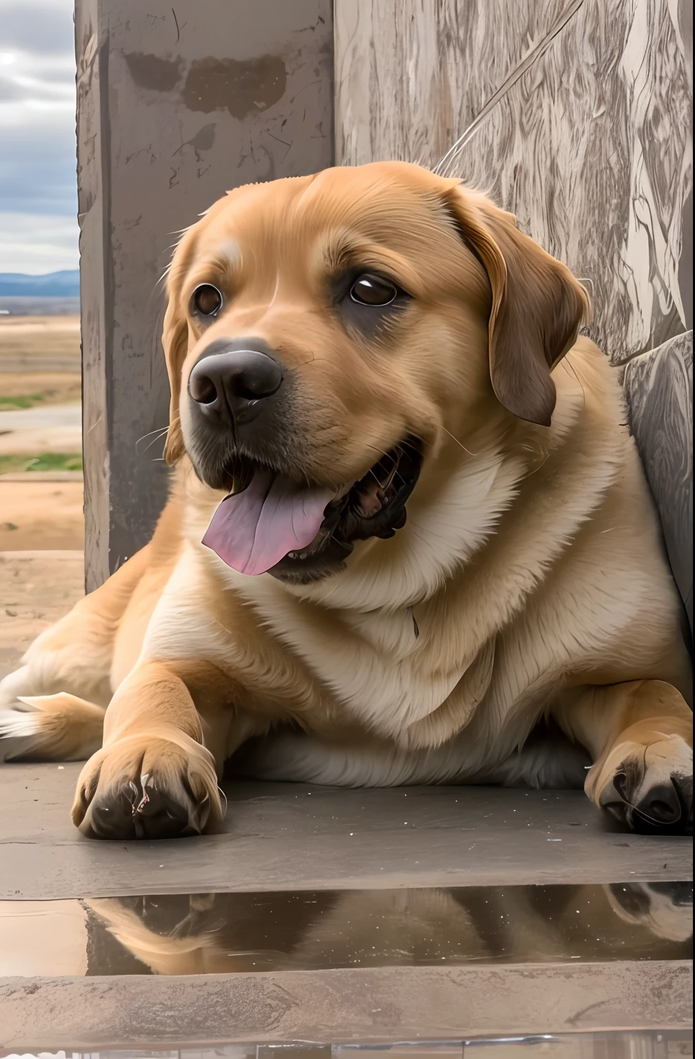 there is a dog that is laying down on the ground, cachorro idoso, Labrador, robusto, Anos, Brutus, ela tem cerca de 1 6 anos de idade, Close-up de corpo inteiro, fazendo uma pose majestosa, muito bonito, ela tem uma barriga redonda gorda e agitada, obeso ), she has beautiful bone structure, adult dog, extremamente bonito, it's very huge