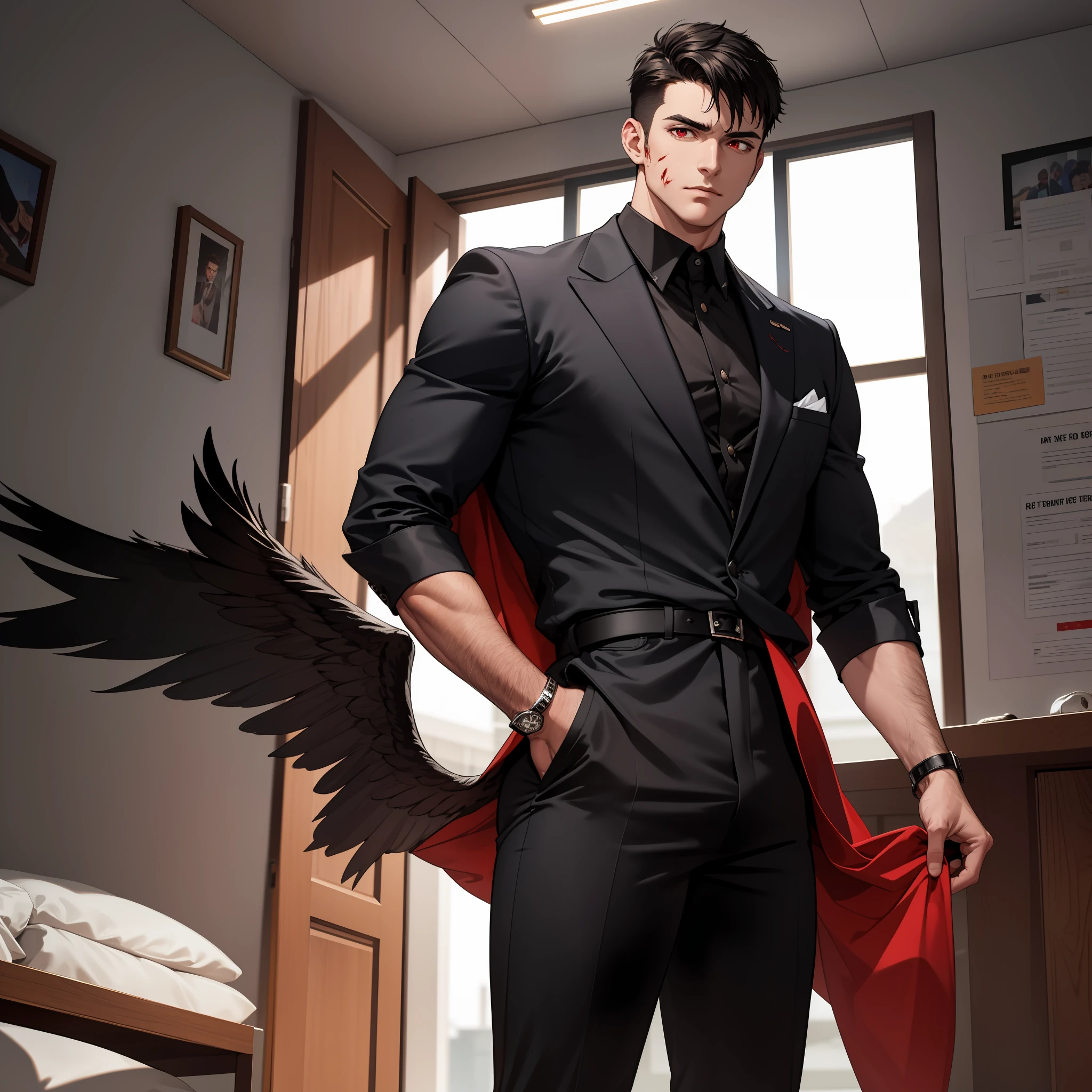 "Short black hair, blood-red eyes, pure black wings, clean-shaven. Tall, commanding male figure resembling a CEO. Sophisticated attire exuding authority."