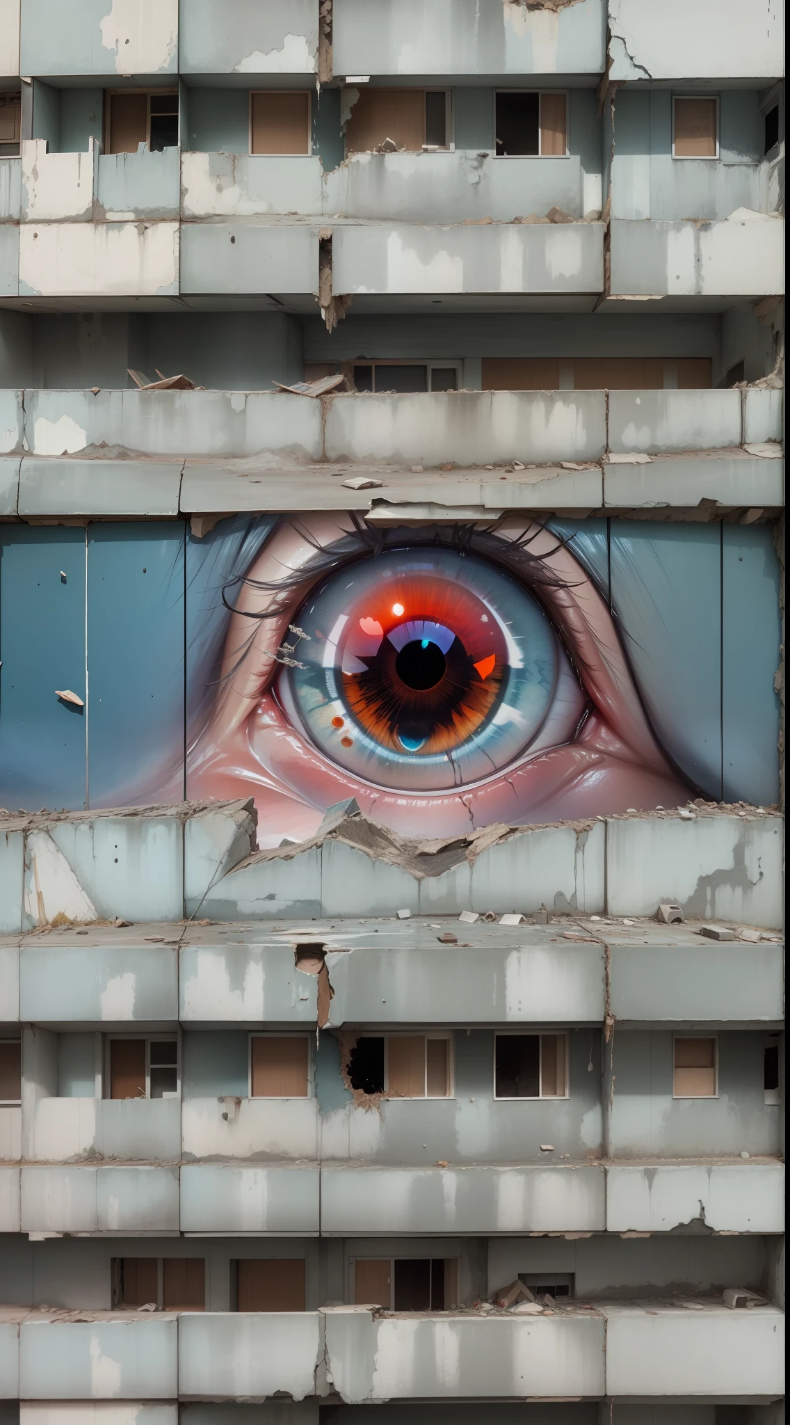 an eye reflecting the destruction of the world