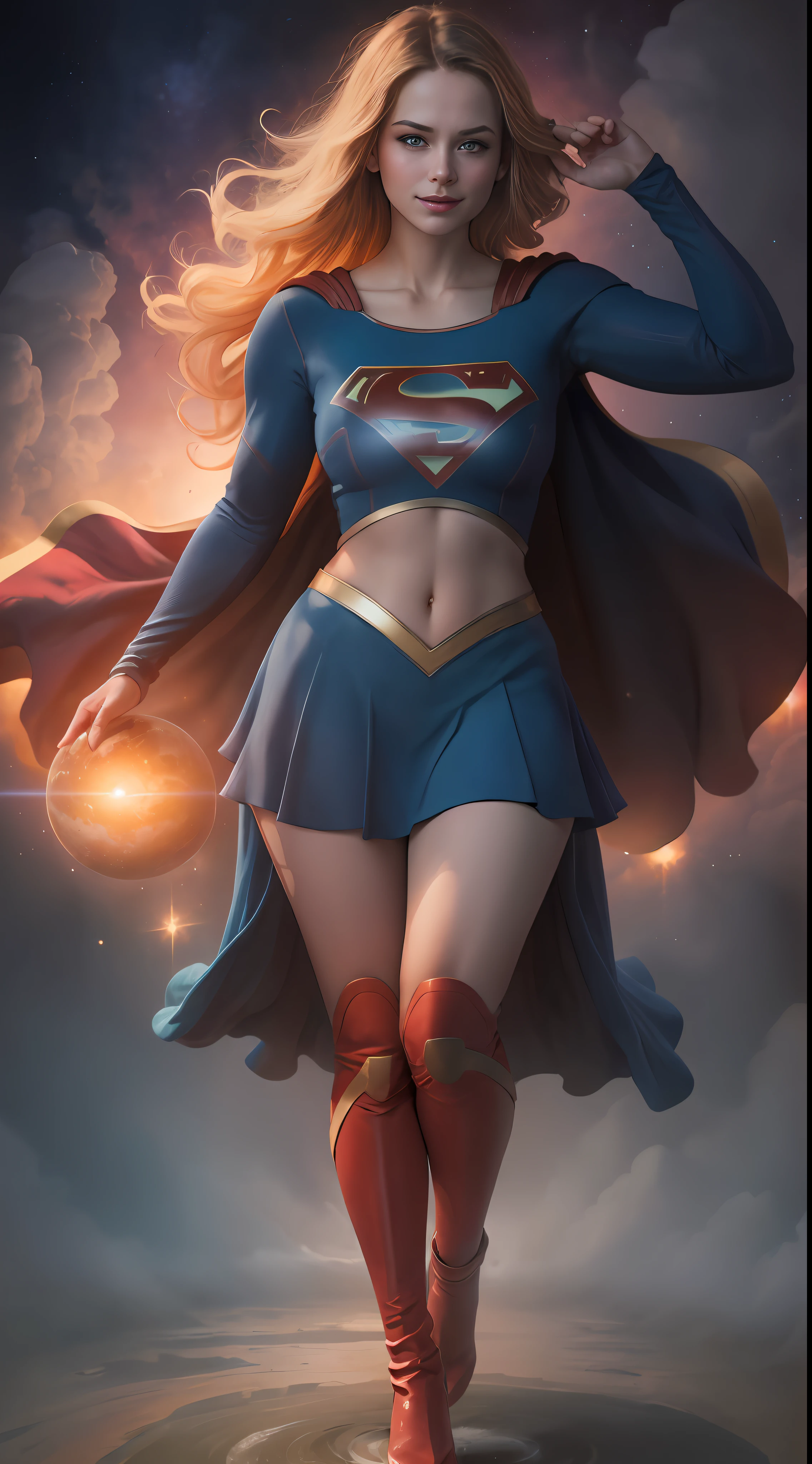 (((Towering over you))), face,supergirl Beautiful woman (20 years old, long blonde hair, blue eyes) defined body, detailed, using tube dress cosplay supergirl suite, smirking, standing on a planet in space with her full body in view, cosmic background, furrowed brow, midriff exposed