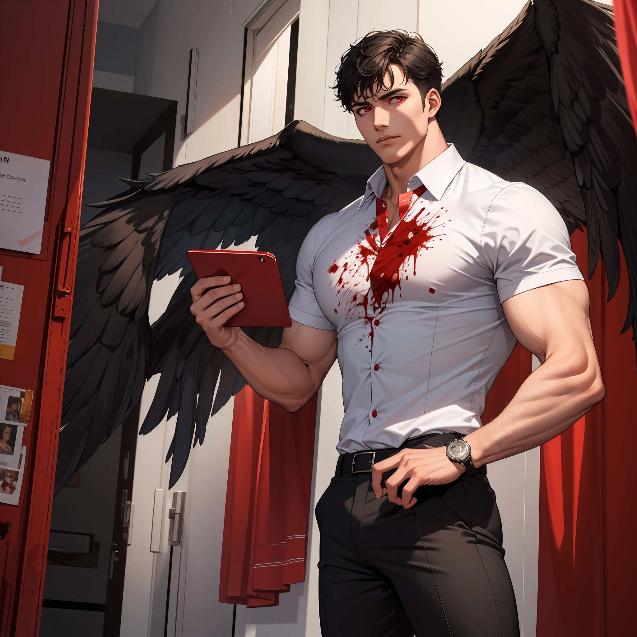 "Short black hair, blood-red eyes, pure black wings, clean-shaven. Tall, commanding male figure resembling a CEO. Sophisticated attire exuding authority."