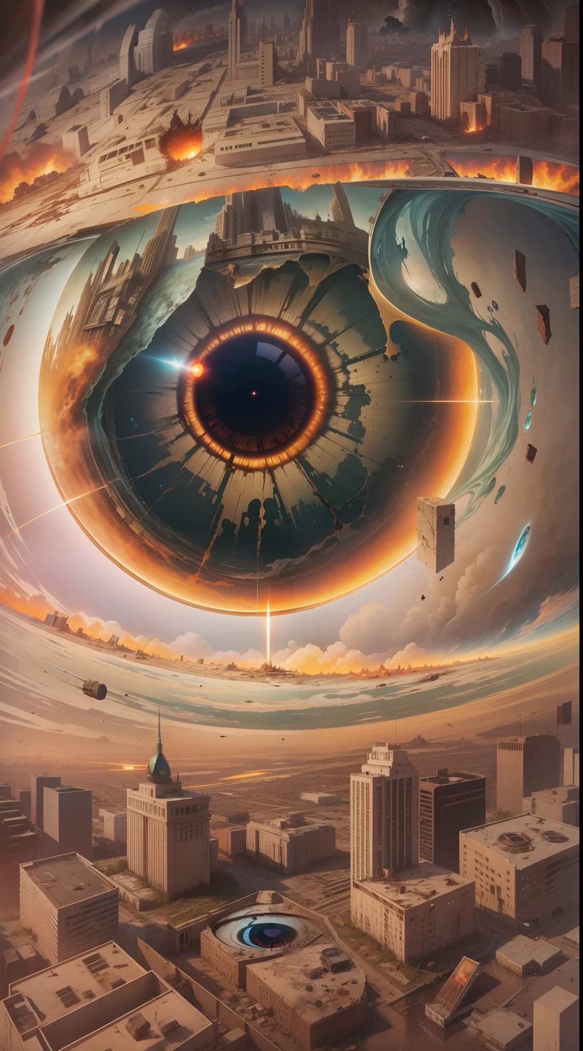 an eye reflecting the destruction of the world
