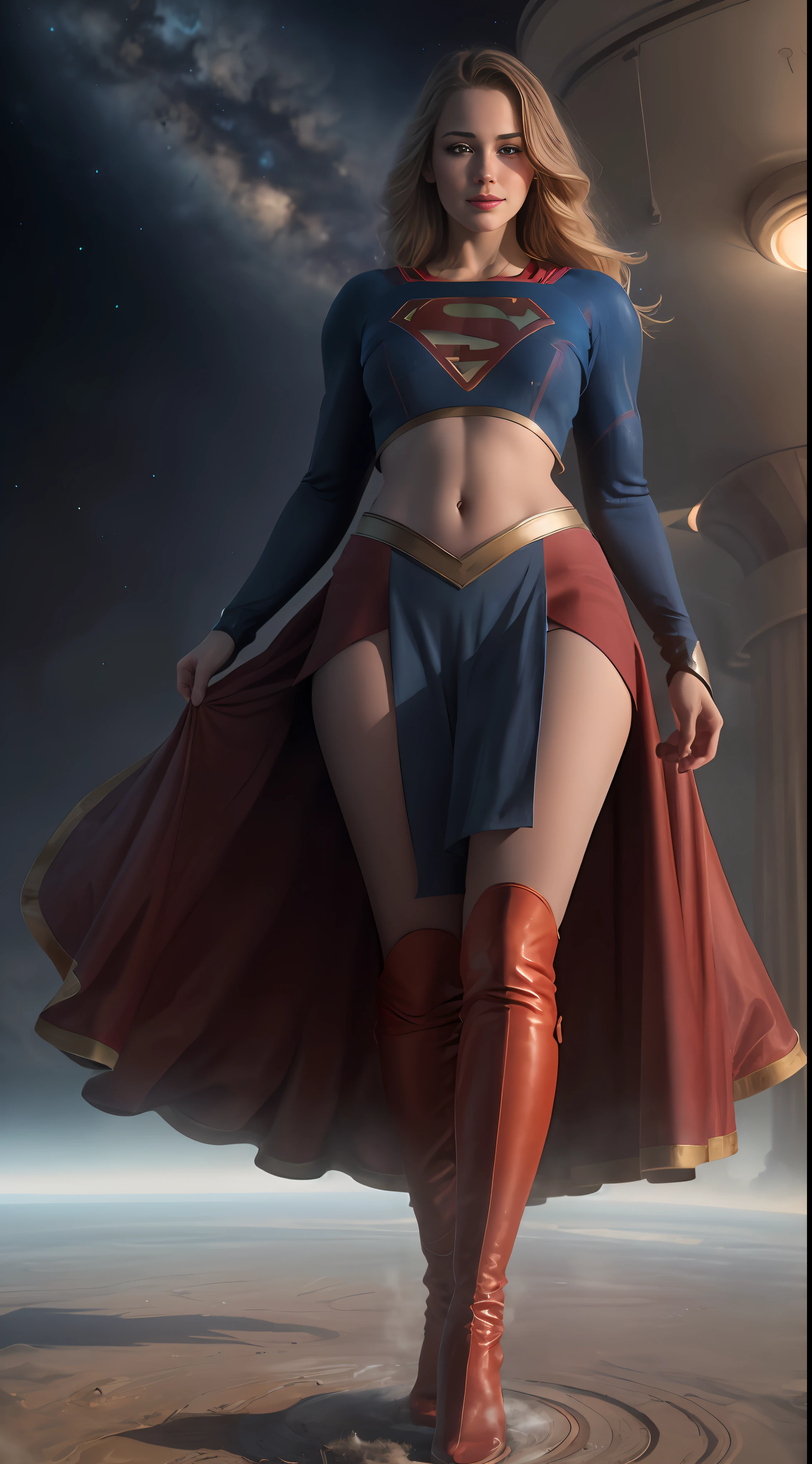 (((Towering over you))), face,supergirl Beautiful woman (20 years old, long blonde hair, blue eyes) defined body, detailed, using tube dress cosplay supergirl suite, smirking, standing on a planet in space with her full body in view, cosmic background, furrowed brow, midriff exposed