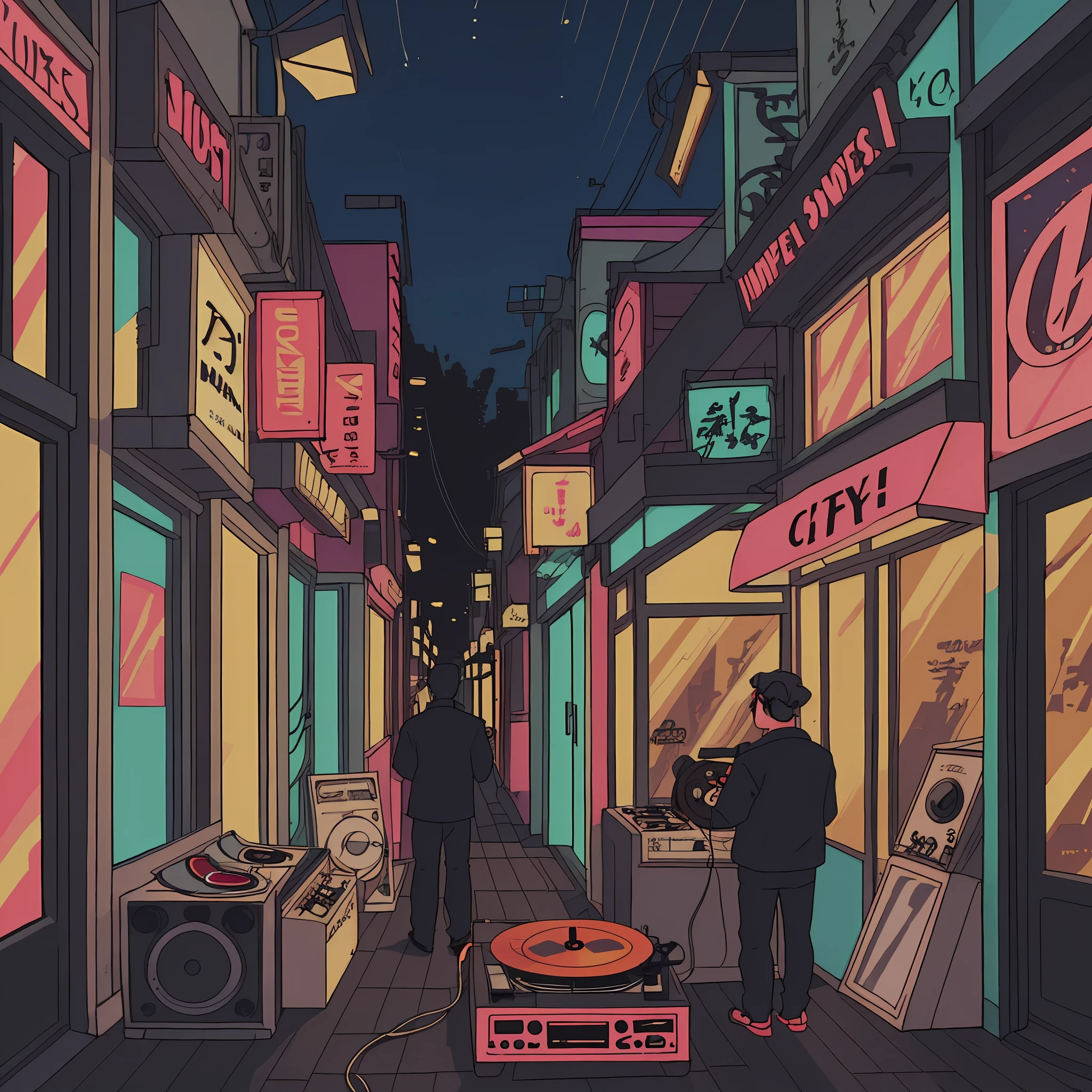 View of a man listening to music with headphone in vinyl record shop, text Why You, WHY YOU logo, super detail, retro wave, cyberpunk, sad vibe, night light through the window, night vibes, 2D, (longshot), wideshot, (film noise), old cartoon, (lots of records:1.3), (masterpiece, highest quality, highest quality, official art, beautiful and aesthetic: 1.2), (very detailed, (fractal art: 1.4), guitar, (notes: 1.4), ( lo-fi hip-hop), in room and by the window view, old anime texture, solo, loudspeaker, vinyl, night, logo, city lights detail, city view through the window