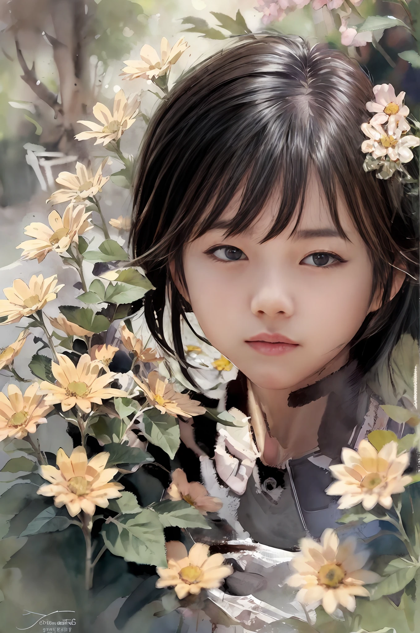 Hair blooms with flowers，Anime girl with blue eyes，Create beautiful sunflower anime girls，Romantic and artistic anime，Realistic and delicate depiction of flowers blooming on hair，Beautiful anime art wallpaper 4K。Silver short bob hair，A few small birds in the flowers