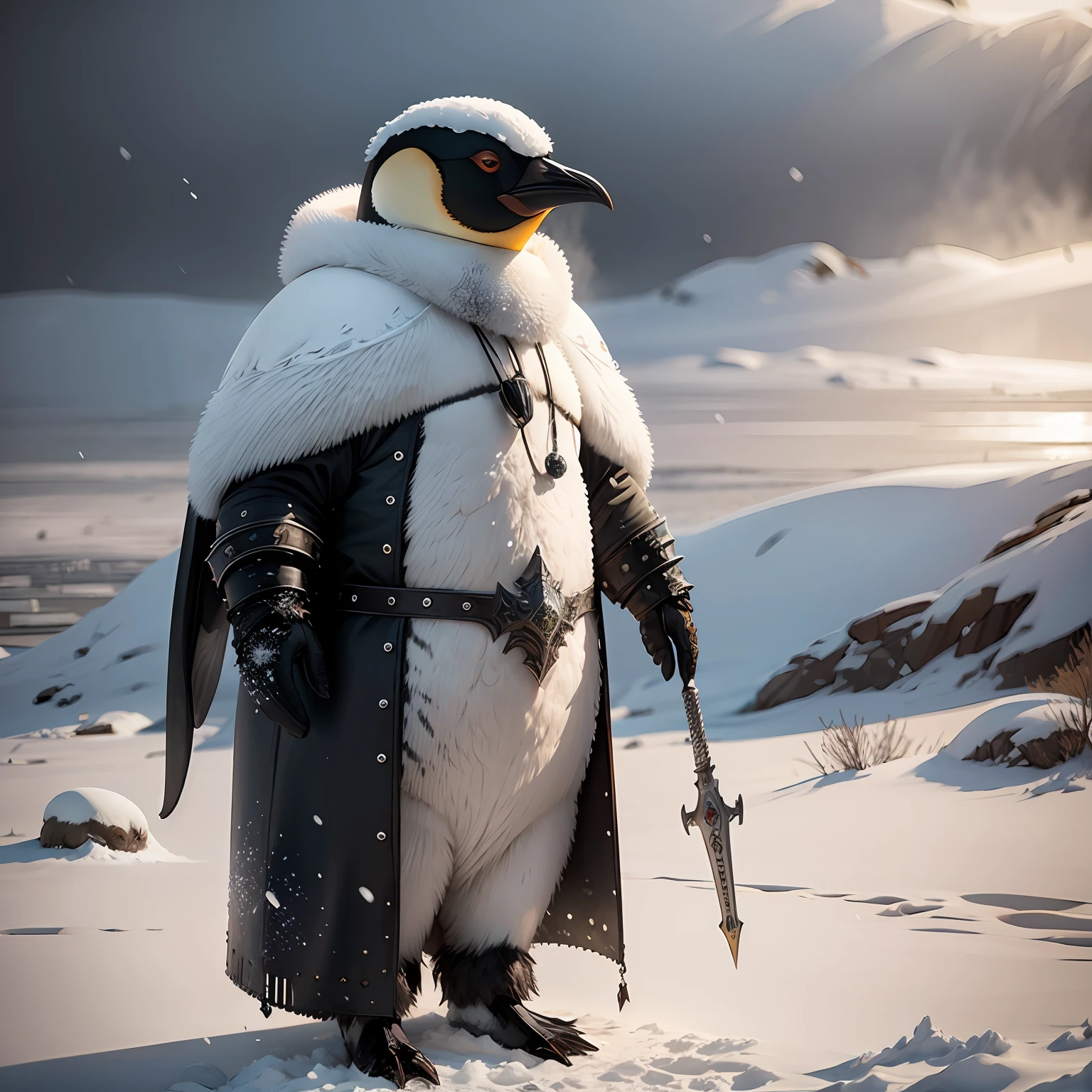 An emperor penguin standing in the snow amid a blizzard, usando uma armadura medieval completa feita de metal e couro --auto