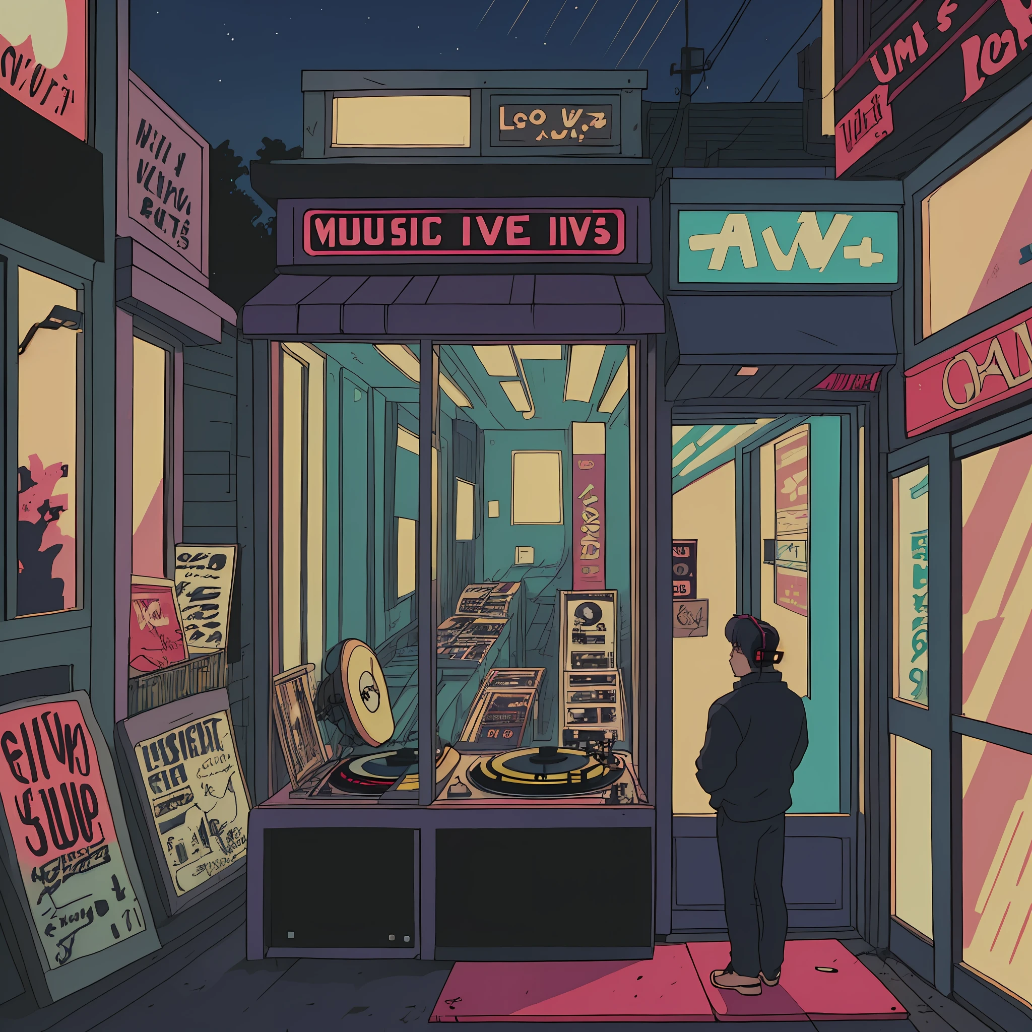 View of a man listening to music with headphone in vinyl record shop, text Why You, WHY YOU logo, super detail, retro wave, cyberpunk, sad vibe, night light through the window, night vibes, 2D, (longshot), wideshot, (film noise), old cartoon, (lots of records:1.3), (masterpiece, highest quality, highest quality, official art, beautiful and aesthetic: 1.2), (very detailed, (fractal art: 1.4), guitar, (notes: 1.4), ( lo-fi hip-hop), in room and by the window view, old anime texture, solo, loudspeaker, vinyl, night, logo, city lights detail, city view through the window