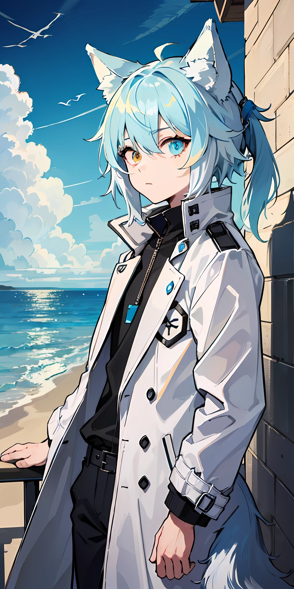 1boy，Shota，(high-definition quality，Masterpiece level)，Fresh and cold boy character，Wolf ears、Wolf Tail highlights the sense of belonging to the character，Heterochromatic eyes and the color of light blue hair echo each other，Light trench coat，with clean lines，Show the modesty and confidence of the character，tmasterpiece, lightblue hair, Heterochromic eyes,(Wolf ears),(Wolf tail)，Light trench coat，One tail，A young boy with，Have by the sea，sunraise