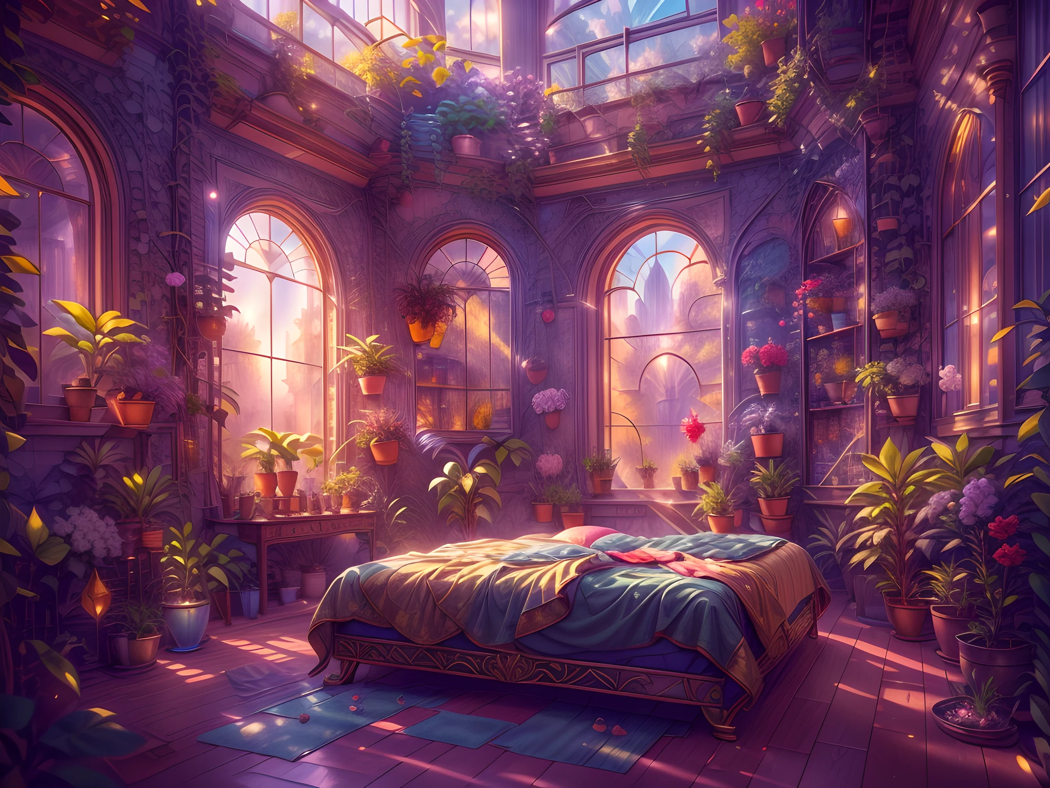 This artwork should feel real - like viewers can walk into the image. (((Generate an ornate botanical bedroom in the style of Versailles with a big historical window.))) A hyperrealistic solarpunk dreamscape cityscape is in the window. The cityscape is extremely detailed with many colors and buildings of many different sizes. The cityscape has all colors of the rainbow and has hires interesting solarpunk details seen through the window)). It is peaceful in the bedroom. The entire artwork is very realistic with many small details and enhancements. 3D render beeple, artstation and beeple highly, in fantasy sci-fi city, inspired by beeple, 8k, unreal engine unity CGI. Include lots of greenery and plants and flowers. Masterpiece and popular. Add many fantastical and beautiful details and nuances. Lighting: Crisp, clear lighting that emphasizes the realism of the piece. Camera: Dynamic composition.