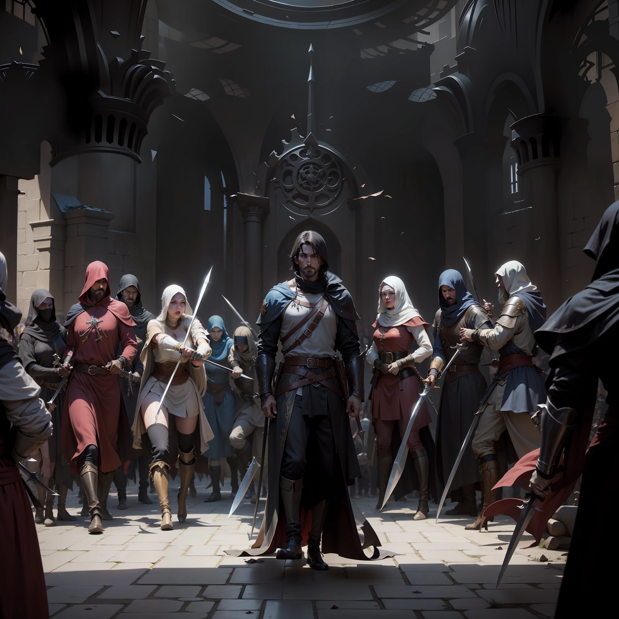 medieval assassins attacking each other in crowded battle with daggers and swords --auto