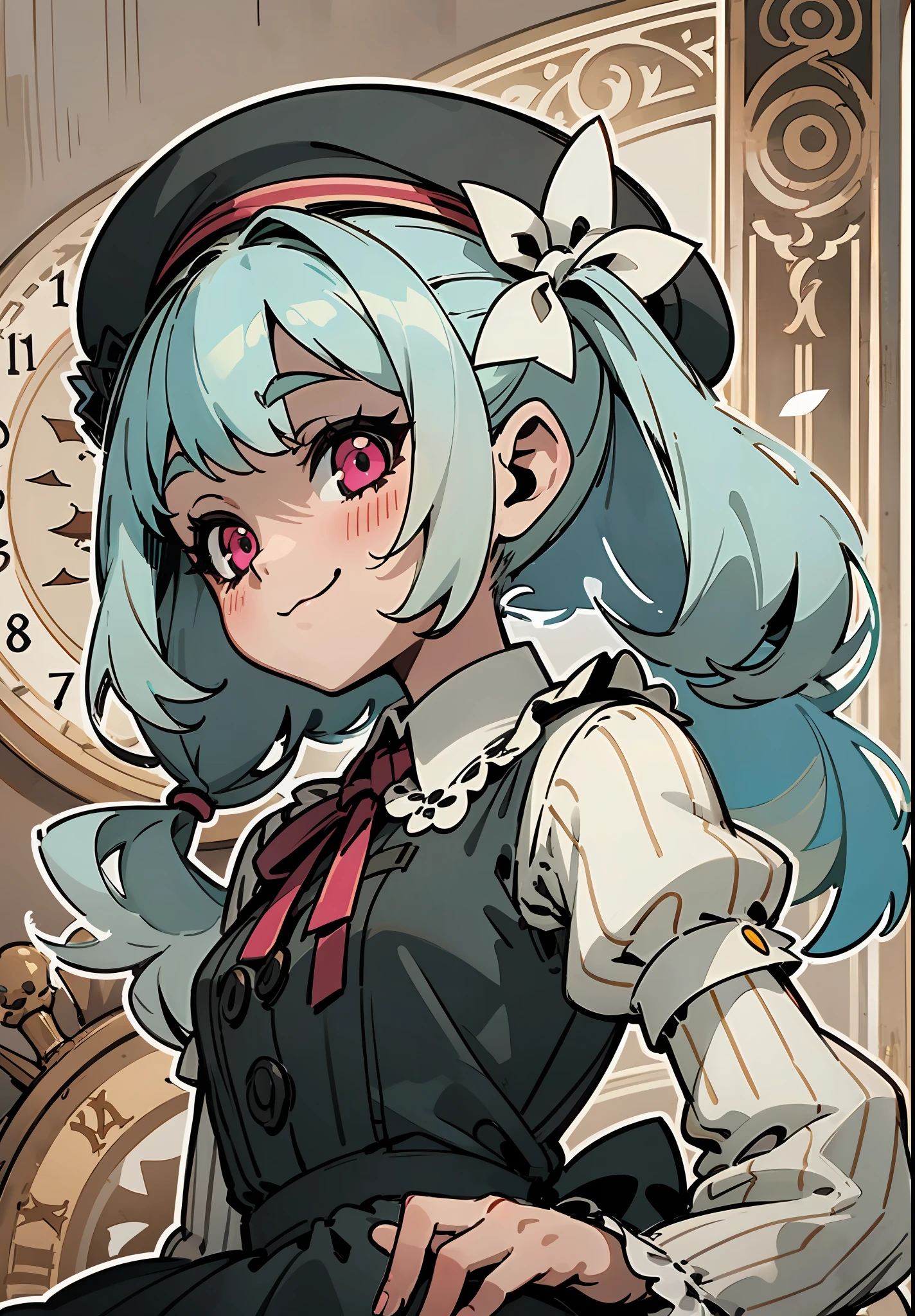 ((Dynamic Angle)), ((loli)), (child), ((独奏)), (canny smile), (turquoise hair), (ponytails), (pink eyes), ((French beret)), (((smoth))), (Gothic dress), (Lolita Dress), (vintage dress), (Black Dress), (frilld), (beige frill;;;;;), (Bows), ((Dark red details)), (((Vertical stripes))), ((Clock face in the background)), (library), ((thick outlines)), ((white outlines))