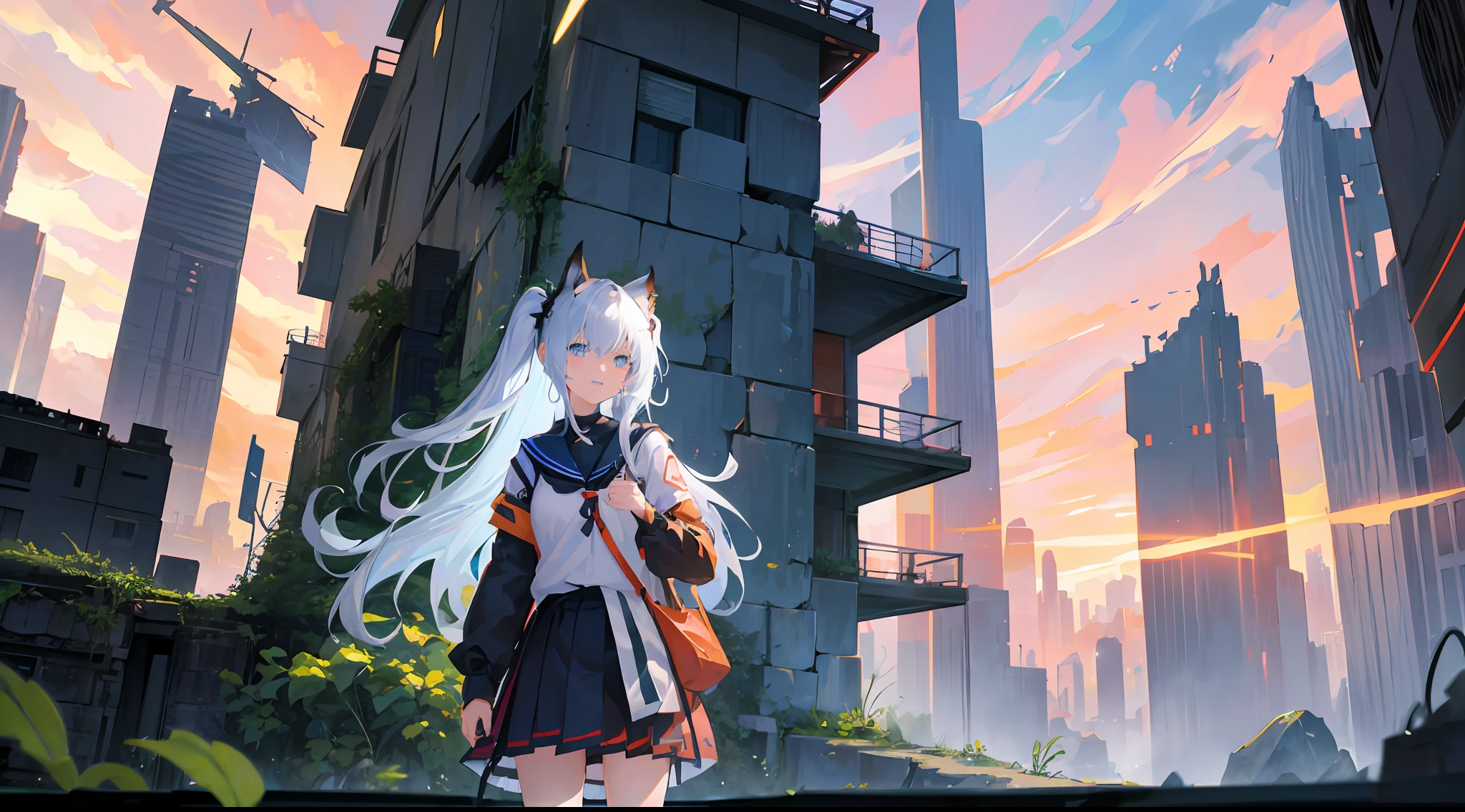 best qualtiy、a smile、arknights、teens girl、Sarah Clothes、Detailed and beautiful illustrations、hi-school girl、detailed portrait of an anime girl、Fantasia、Buildings and cliffs eroded by vegetation、made in abyss、avatar