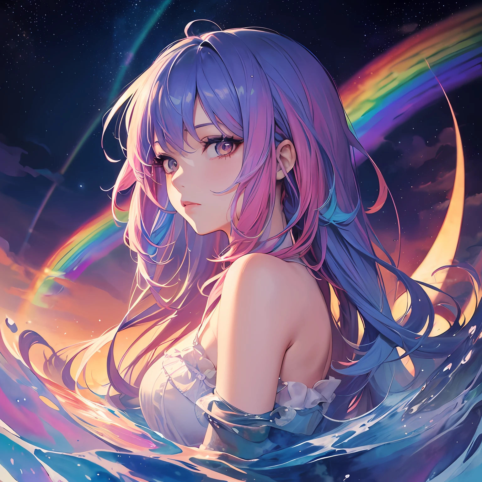 (masterpiece, top quality, best quality,watercolor (medium),official art, beautiful and aesthetic:1.2),(1girl:1.3), (fractal art:1.3),upper body, from side, looking at viewer,patterns,(rainbow color Hair,colorful hair,half blue and half pink hair:1.2),water,liquid, cloud,colorful, starry,stars, --auto