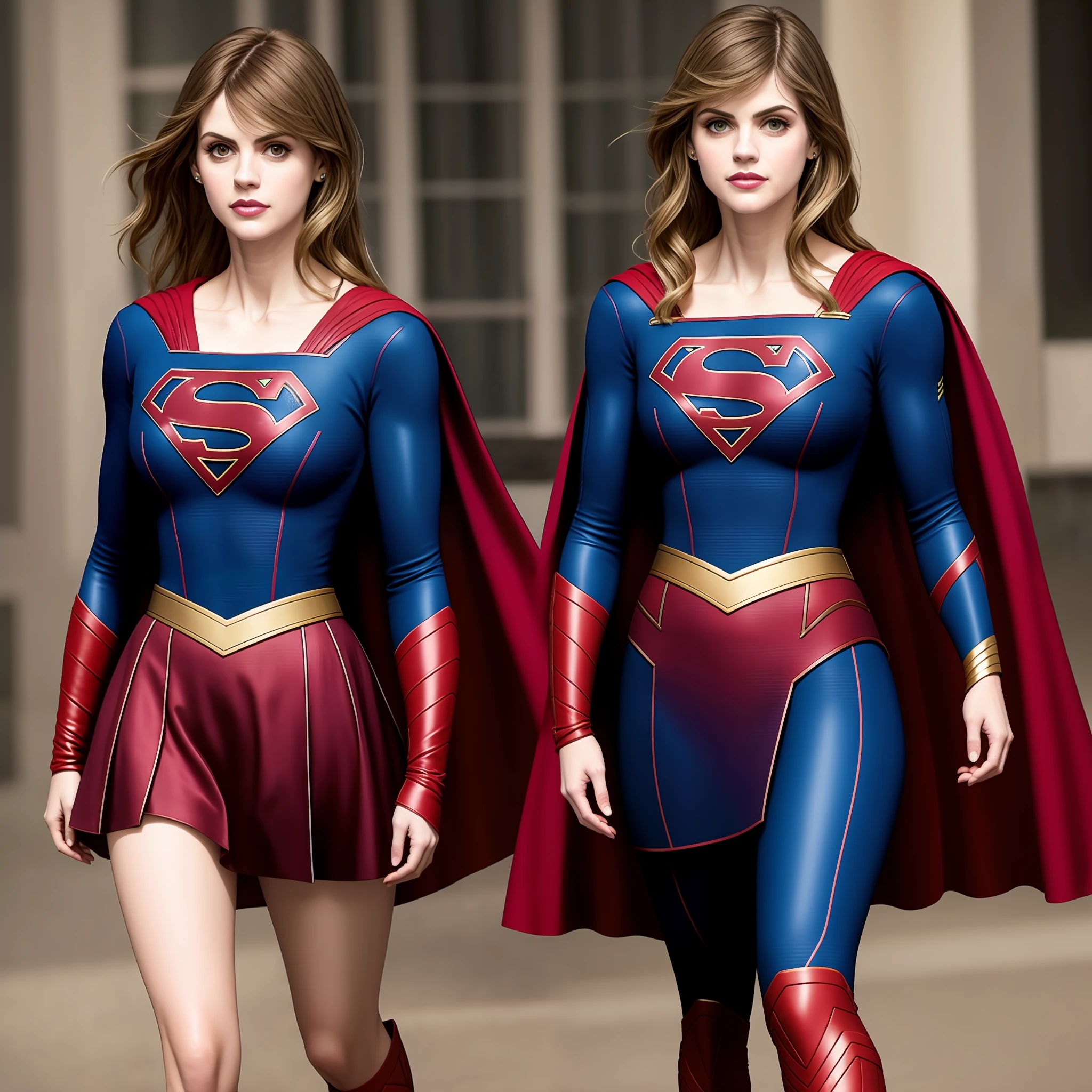 alexandra daddario vestida com traje clasico quadrinhos como supergirl heroina cabelo loiro curto alta qualidade 8k detalhes corpo roupa em detalhes realismo,rosto perfeito com a cara da atriz atual tendecia james gunn