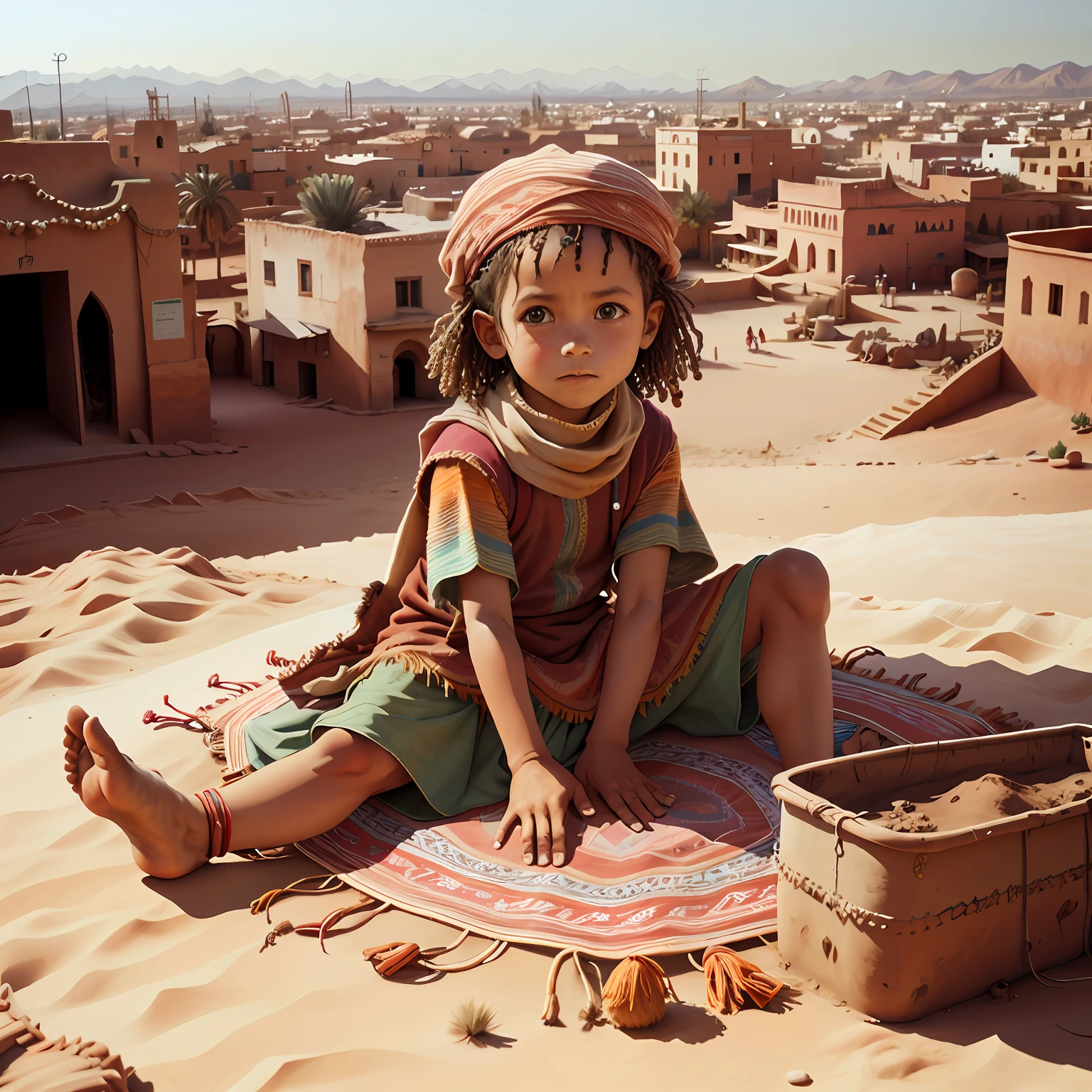 Marrakech city, child playing, desert