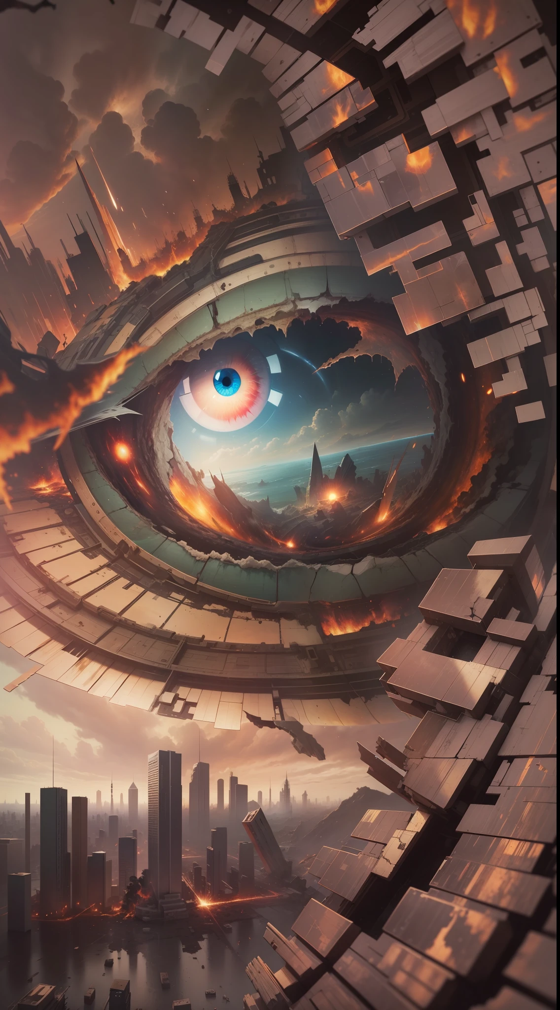 an eye reflecting the destruction of the world