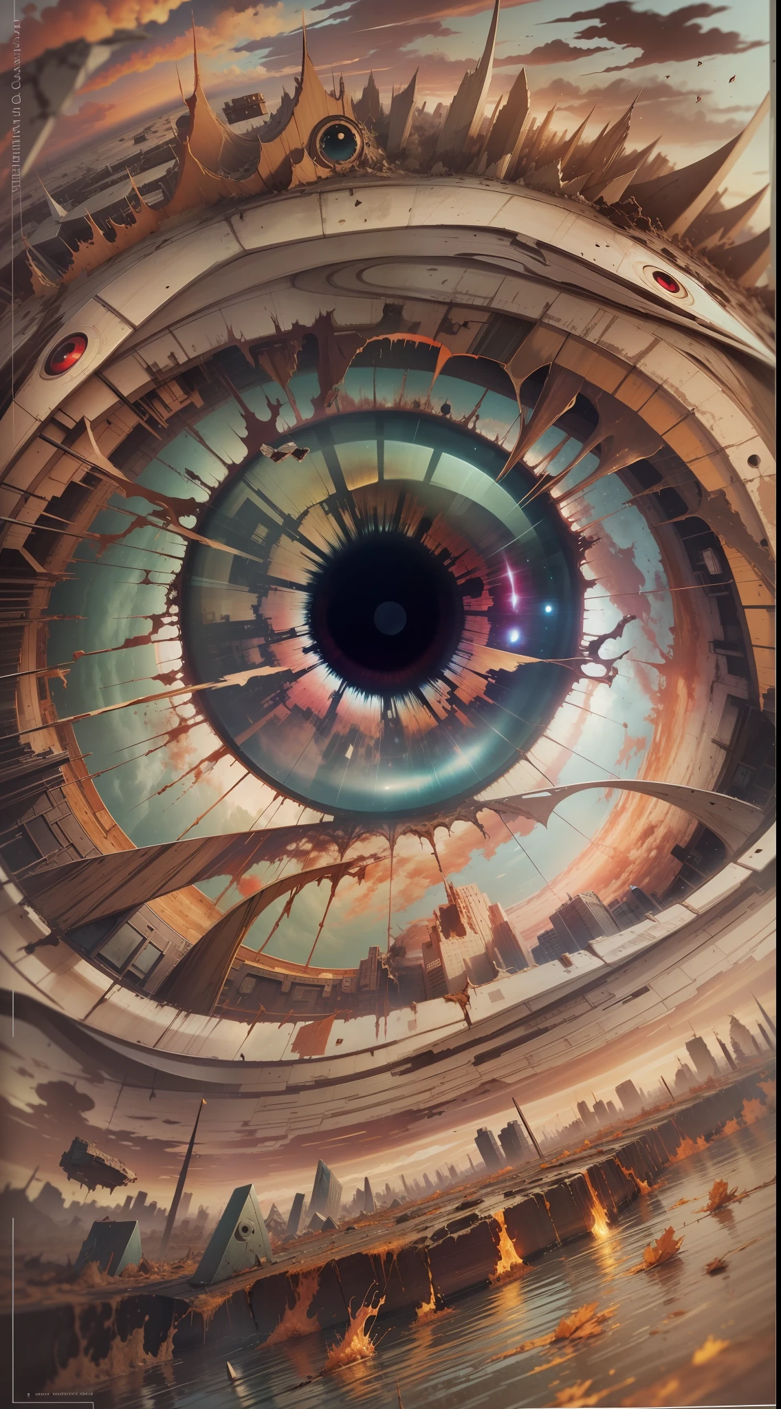 an eye reflecting the destruction of the world