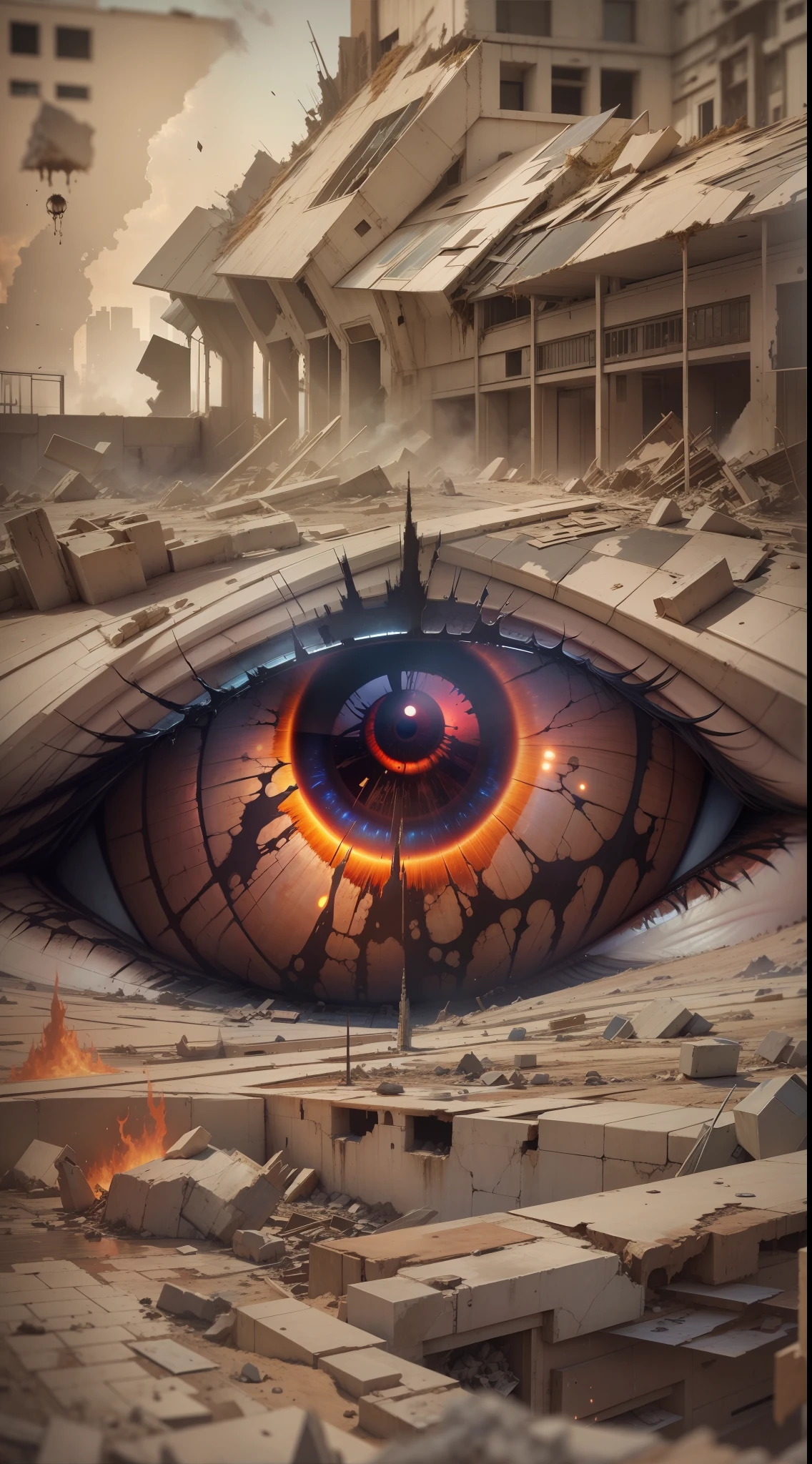 an eye reflecting the destruction of the world