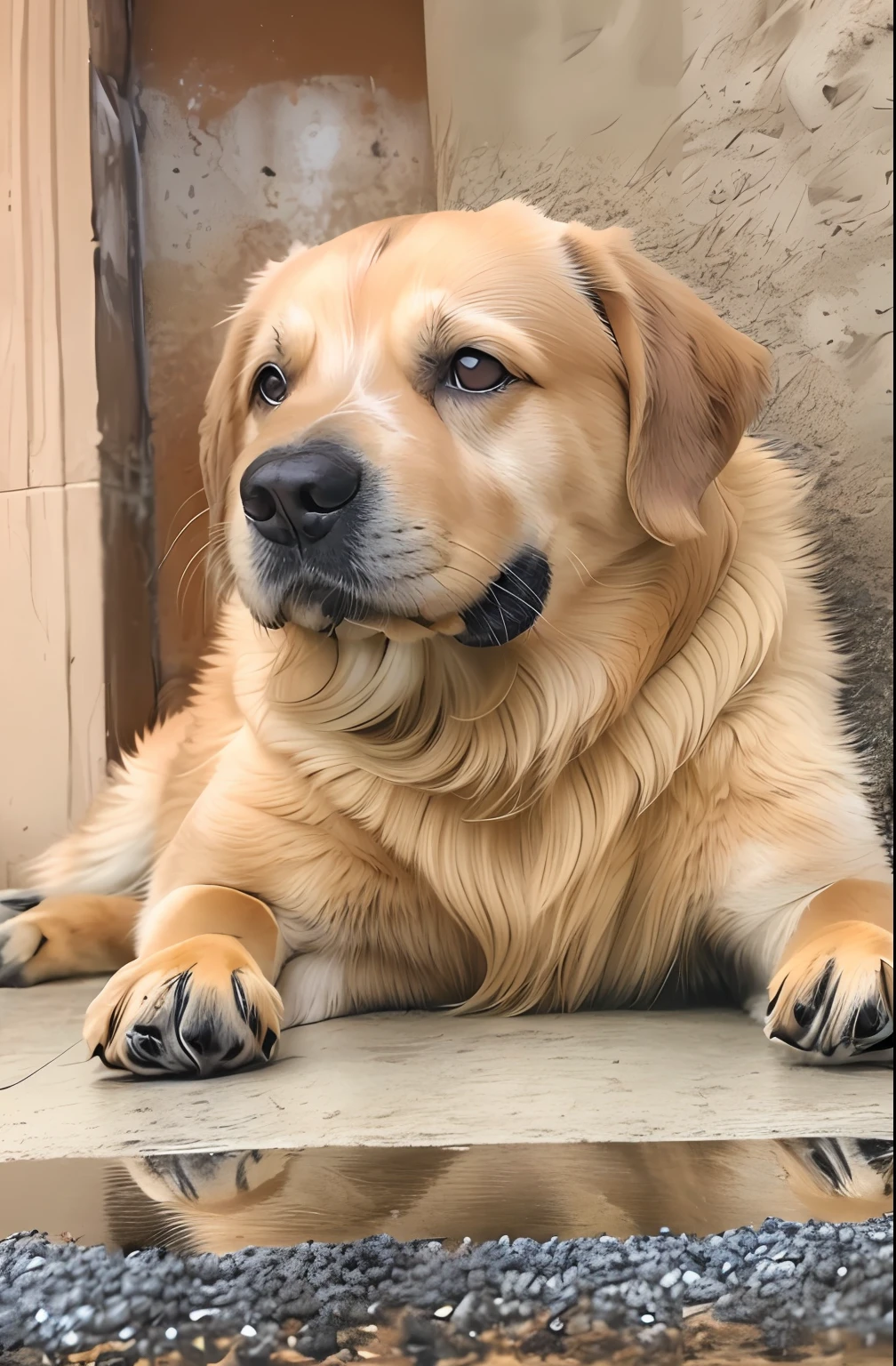 there is a dog that is laying down on the ground, laranja, cachorro todo laranja, sem manchas brancas, Labrador, robusto, Anos, Brutus, ela tem cerca de 1 6 anos de idade, Close-up de corpo inteiro, fazendo uma pose majestosa, muito bonito, ela tem uma barriga redonda gorda e agitada, obeso ), she has beautiful bone structure, adult dog, extremamente bonito, it's very huge