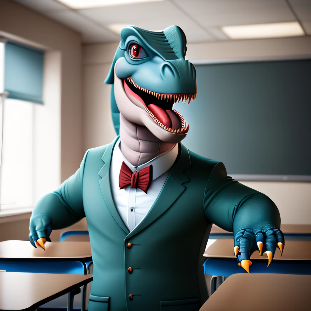 There's a dinosaur in a suit and bow tie in a classroom, my name is Professor De Sábio, I am passionate about mathematics, I am big, I have red eyes, I am blue-green and very cool.