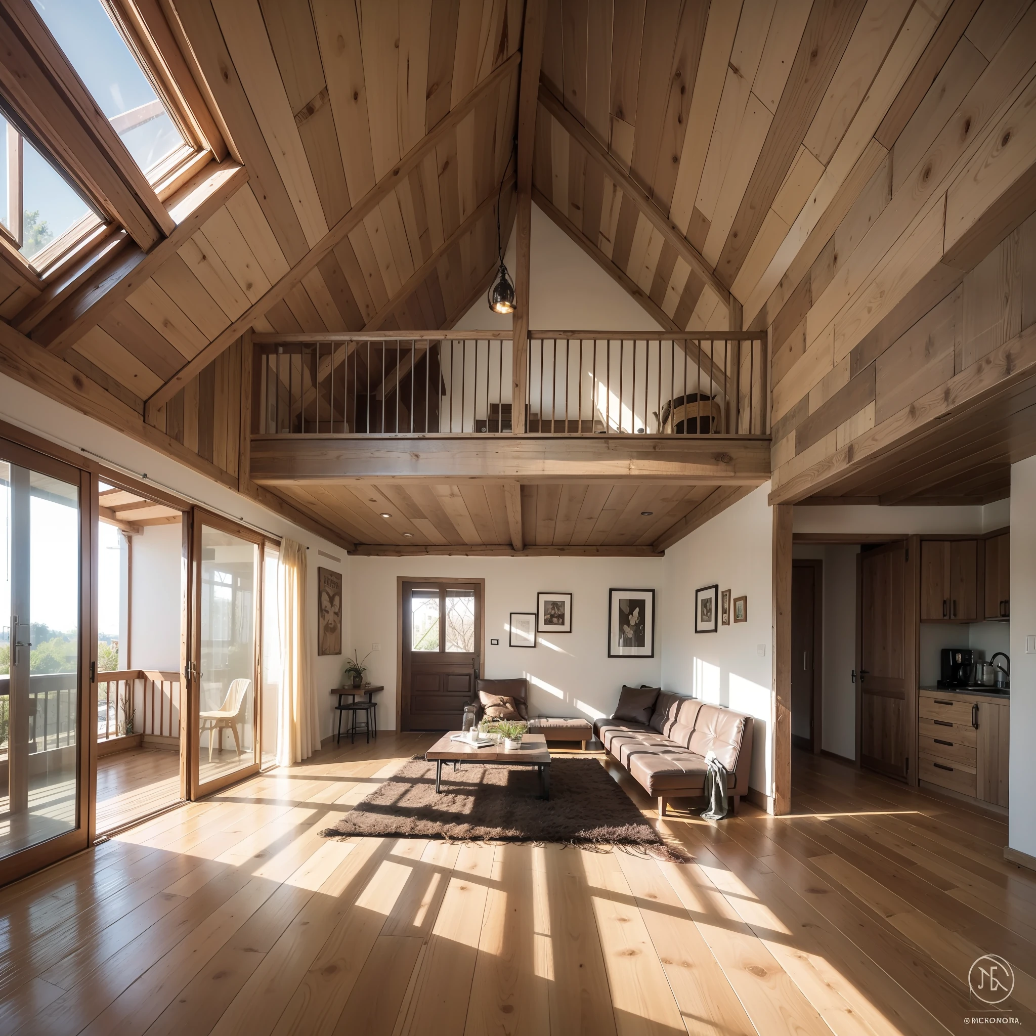 Sala de estar ( arquitetura renascentista) muita luz natural, ( bem decorado) rustic wooden floor and ceiling.