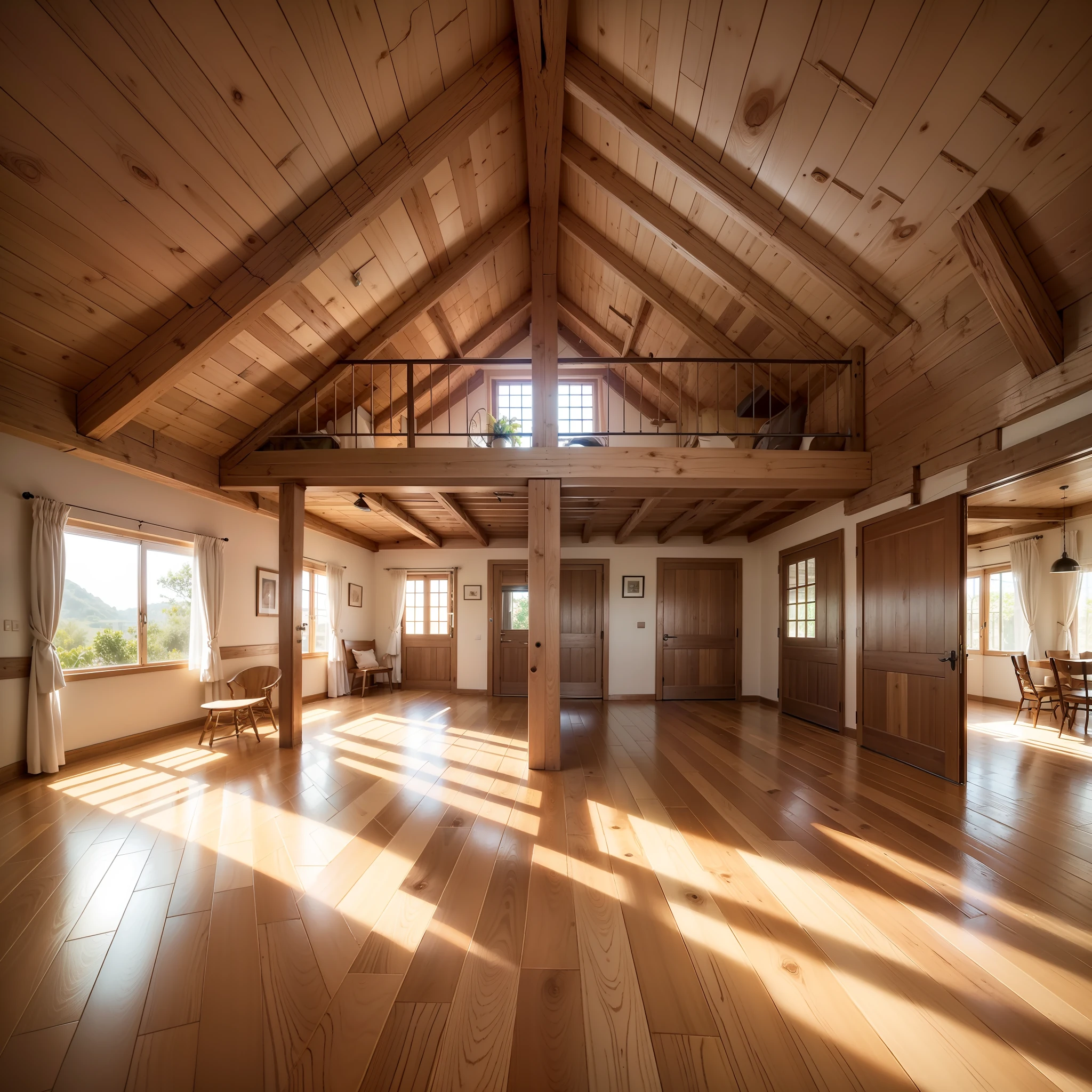 Sala de estar ( arquitetura renascentista) muita luz natural, ( moveis bem decorado) rustic wooden floor and ceiling.
