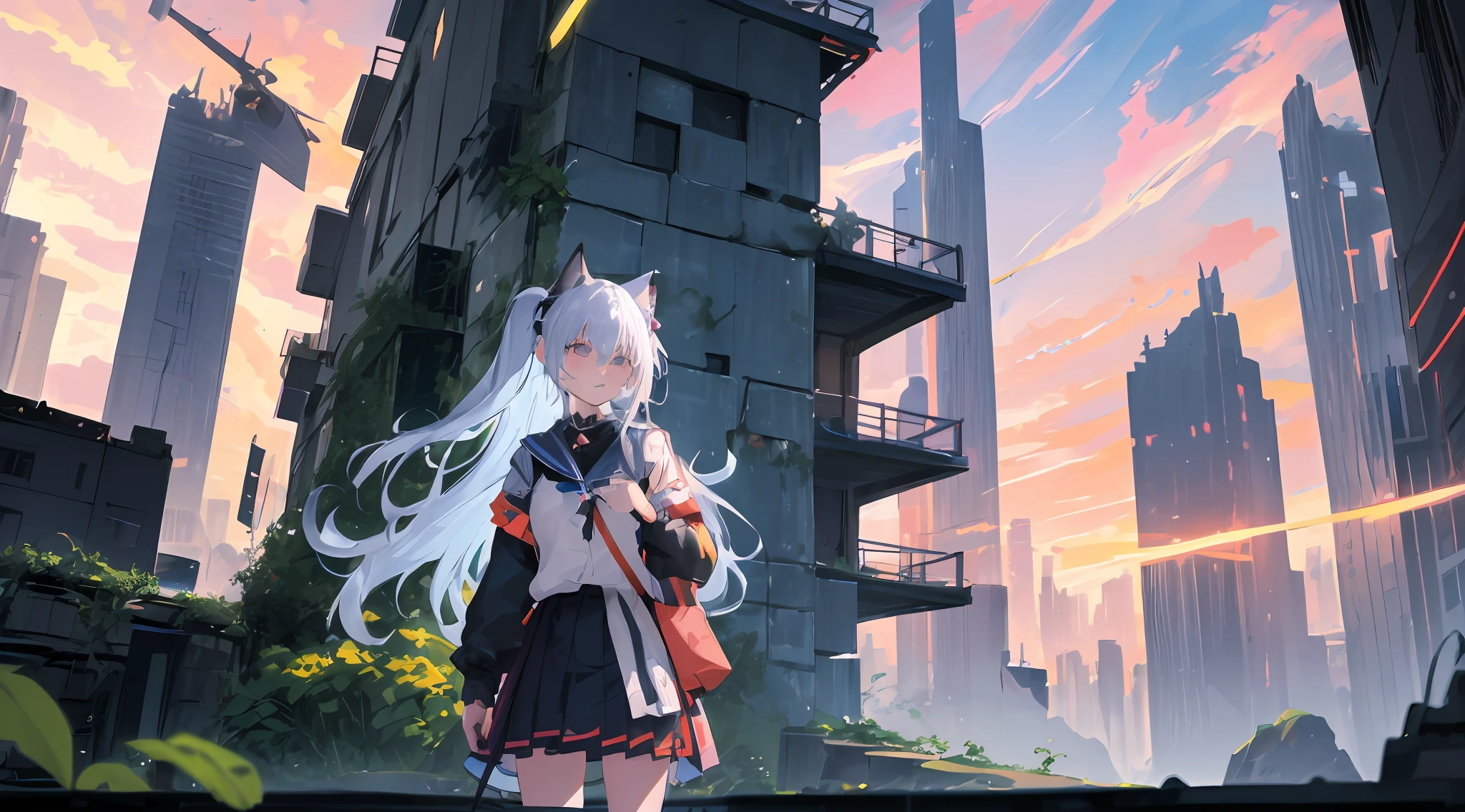Anime girl in the city with cat ears and backpack, anime style 4 k, Anime art wallpaper 8k, anime art wallpaper 4k, anime art wallpaper 4k, best anime 4k konachan wallpaper, anime wallpaper 4 k, anime wallpaper 4k, 4k anime wallpaper, Digital Cyberpunk Anime Art, 4K anime wallpapers, in a ruined cityscape、Sarah Clothes、military outfits