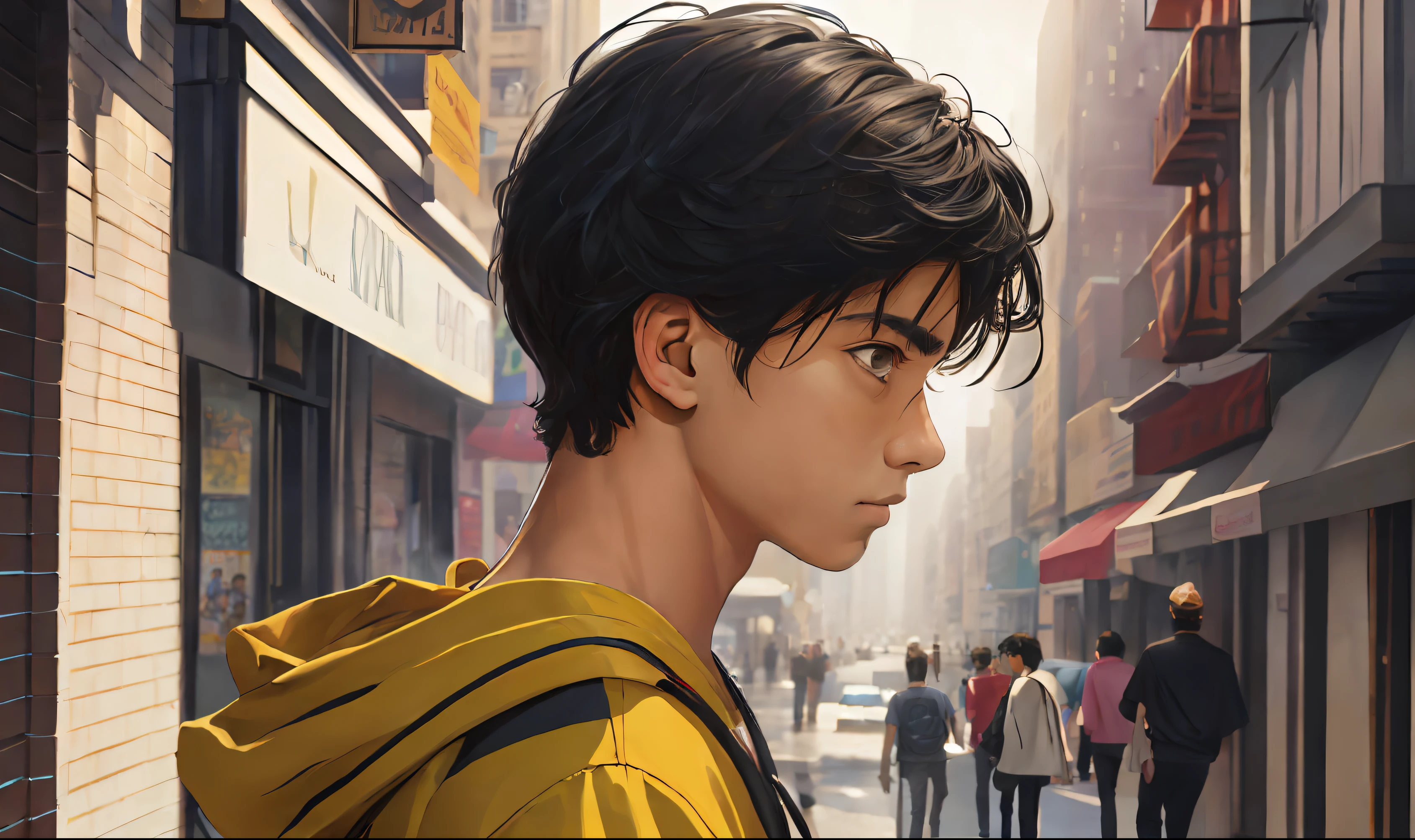 ((obra maestra)),(((La mejor calidad))), (alta calidad, impresionante),(ojos expresivos, Cara perfecta), Sad 15-year-old boy with straight black hair, piel morena sin ropa, Walking lost through the streets of New York looking at someone else walking away