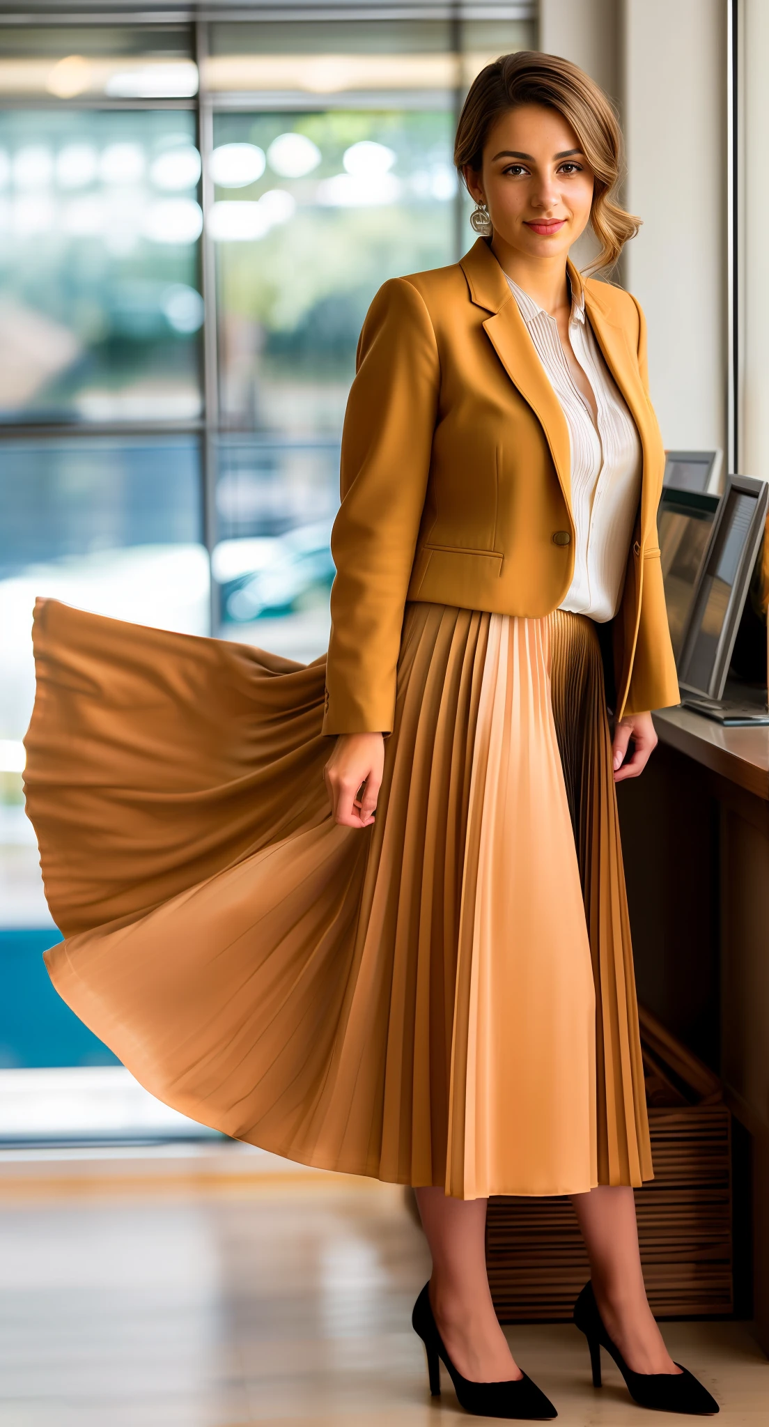 (shy smiling) woman, authentic (kind and tender) good woman wearing a short blazer with a very very detailed (long (fully pleated) full circle skirt) and (simple) low heeled office shoes, very very intricate hyper-detailed symmetric (attractive graceful young feminine face) with (sad, tired eyes and a shy smile), large breasts, full of empathy and compassion and love, (pronounced (feminine) features), (highly detailed ultra accurate realistic) hands and fingers, (windy conditions and wind blowing), epic composition, highly detailed attributes, highly detailed atmosphere, (35mm f1.4 Kodak portra 400 photograph), extremely high quality RAW photograph, detailed background, intricate, Exquisite details and textures,