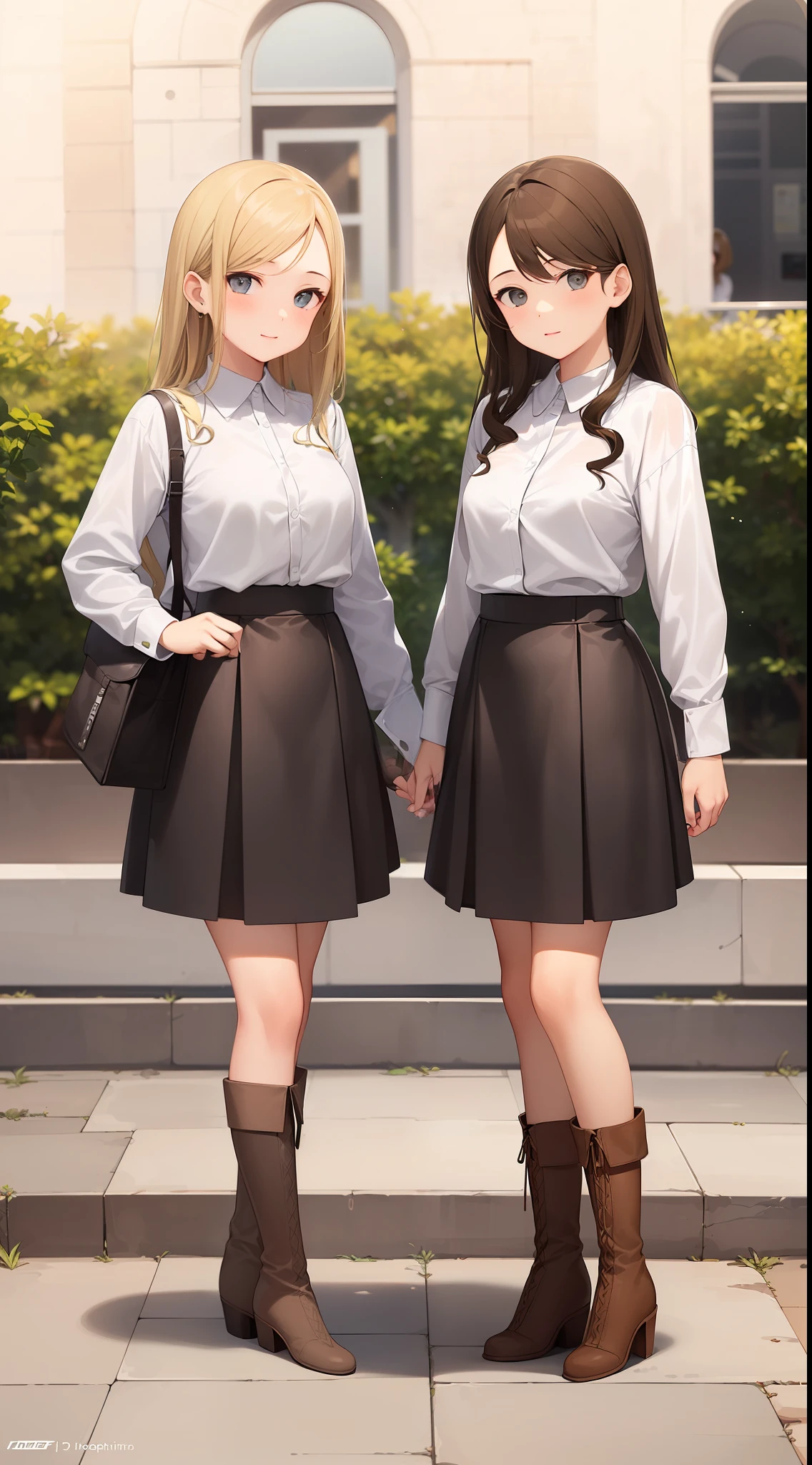 2girls, duo, twin sisters, teenagers, ((one brown haired girl, one blonde girl)), long hair, brown hair, blonde hair, curly hair, hazel eyes, looking at viewer, matching hairstyles, different hair colors, (((matching outfits, identical outfits, white shirt, grey skirt, brown fashion boots))), full body