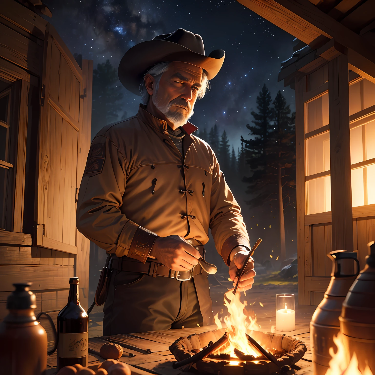 (masterpiece、top-quality、hight resolution)、detaileds、intricate-detail、4K、a picture、One middle-aged man、Lonely cowboy、Bonfire in the forest、camp、Horse behind、starrysky、 --auto