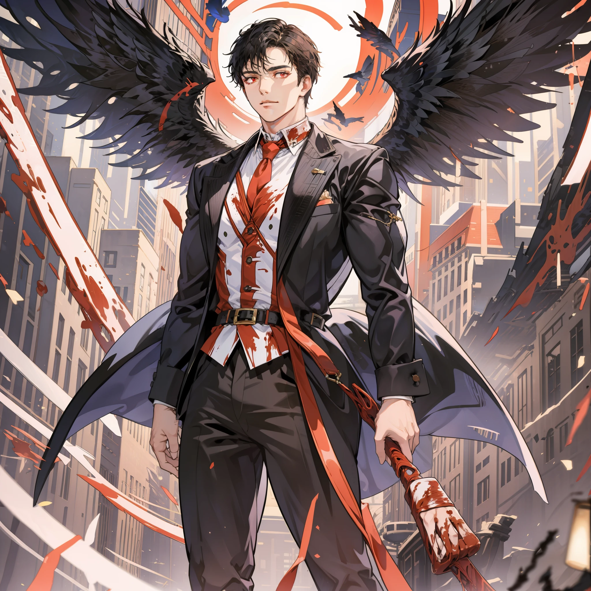 "Short black hair, blood-red eyes, pure black wings, clean-shaven. Tall, commanding male figure resembling a CEO. Sophisticated attire exuding authority."