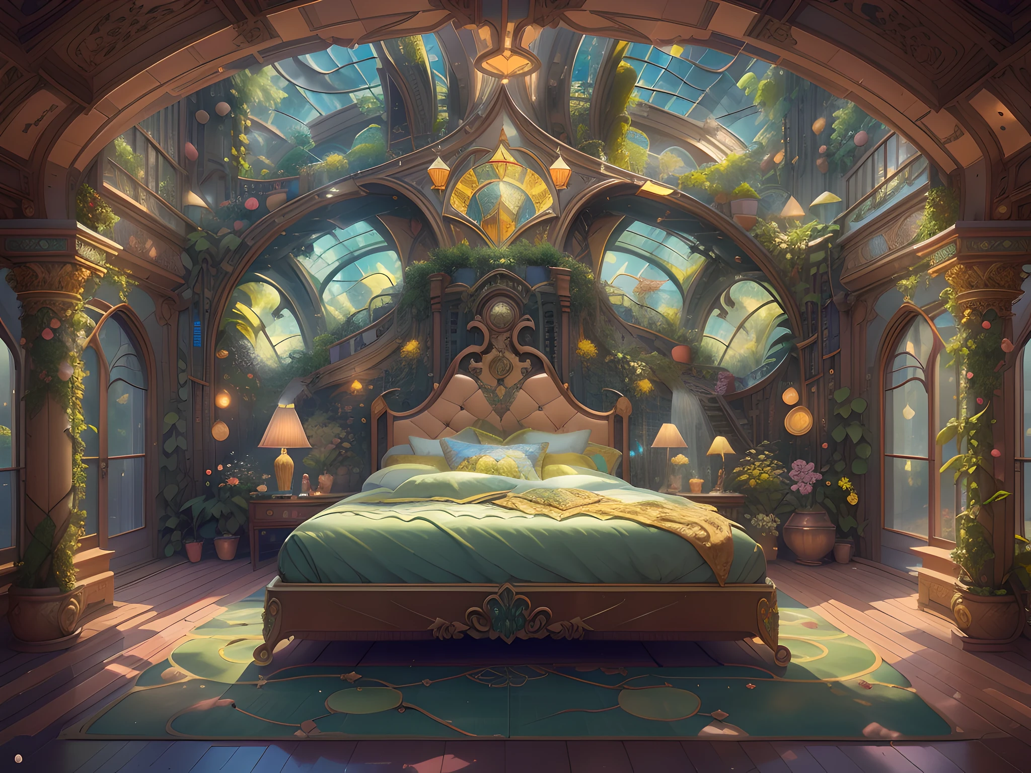 Title: "Solarpunk Dreamscape: The Royal Botanical Sanctuary" | This ornate botanical bedroom, inspired by the opulence of Versailles, invites viewers to immerse themselves in a world of wonders. (((Generate an ornate solarpunk and botanical elegant bedroom in the style of Versailles with a grand historical window.))) The grand historical window, adorned with intricate carvings, dominates one wall. Through the colossal window, a bustling solarpunk dreamscape cityscape unfolds. The cityscape is a marvel of breathtaking complexity - a futuristic metropolis that glimmers with countless colors and buildings of various sizes, an awe-inspiring testament to human creativity and architectural prowess. The solarpunk dreamscape cityscape is a symphony of vibrant colors, reminiscent of a utopian paradise. The buildings stretch into the sky, each one featuring imaginative solarpunk details - rooftop gardens adorned with lush greenery, cascading waterfalls powered by sustainable energy, and whimsical elements that spark the imagination. This high-resolution, 3D-rendered cityscape is a masterpiece of digital art, seamlessly blending the worlds of fantasy and sci-fi. In this fantastical dreamscape, beauty is found in the subtlest of details. Delicate tendrils of ivy climb gracefully up the walls, while gentle petals from floating flowers dance through the air. Exquisite tapestries and paintings of mythical creatures adorn the walls, each telling its own enchanting story.