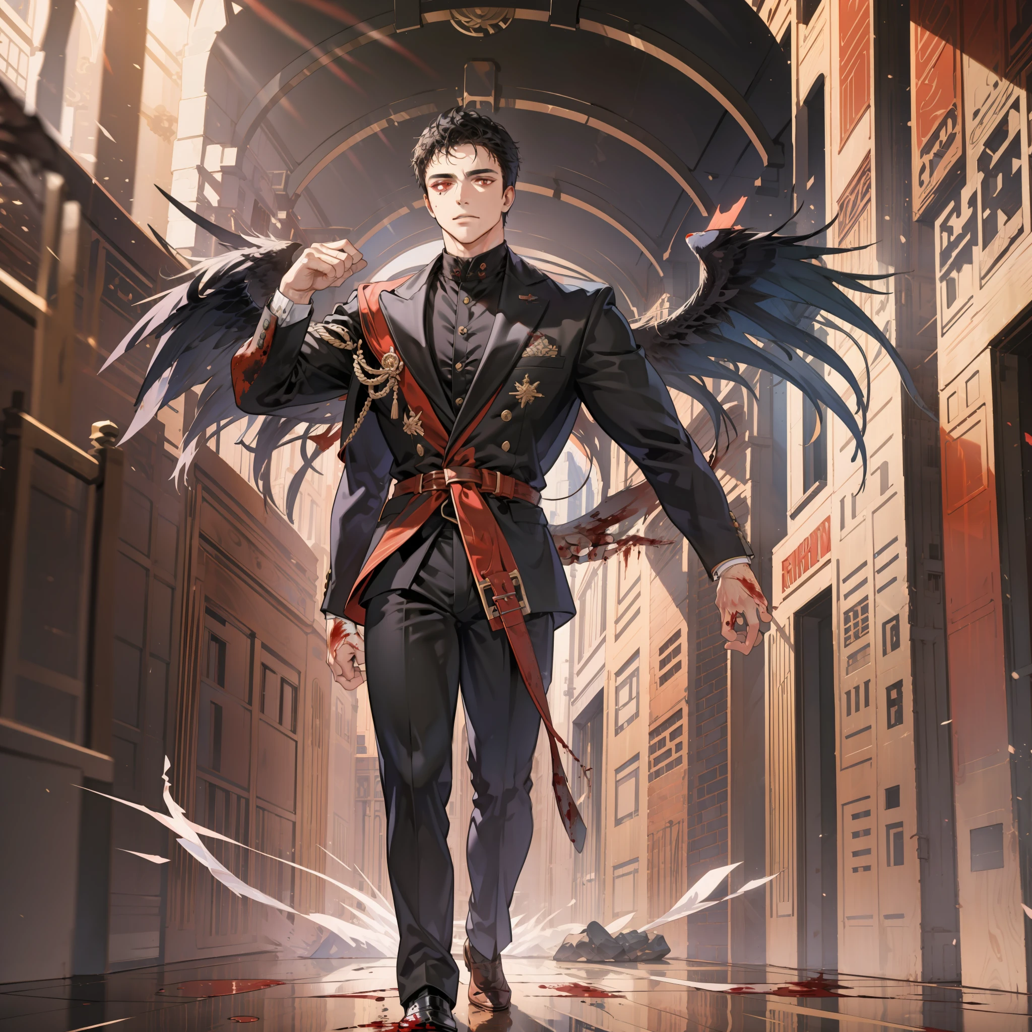 "Short black hair, blood-red eyes, pure black wings, clean-shaven. Tall, commanding male figure resembling a CEO. Sophisticated attire exuding authority."