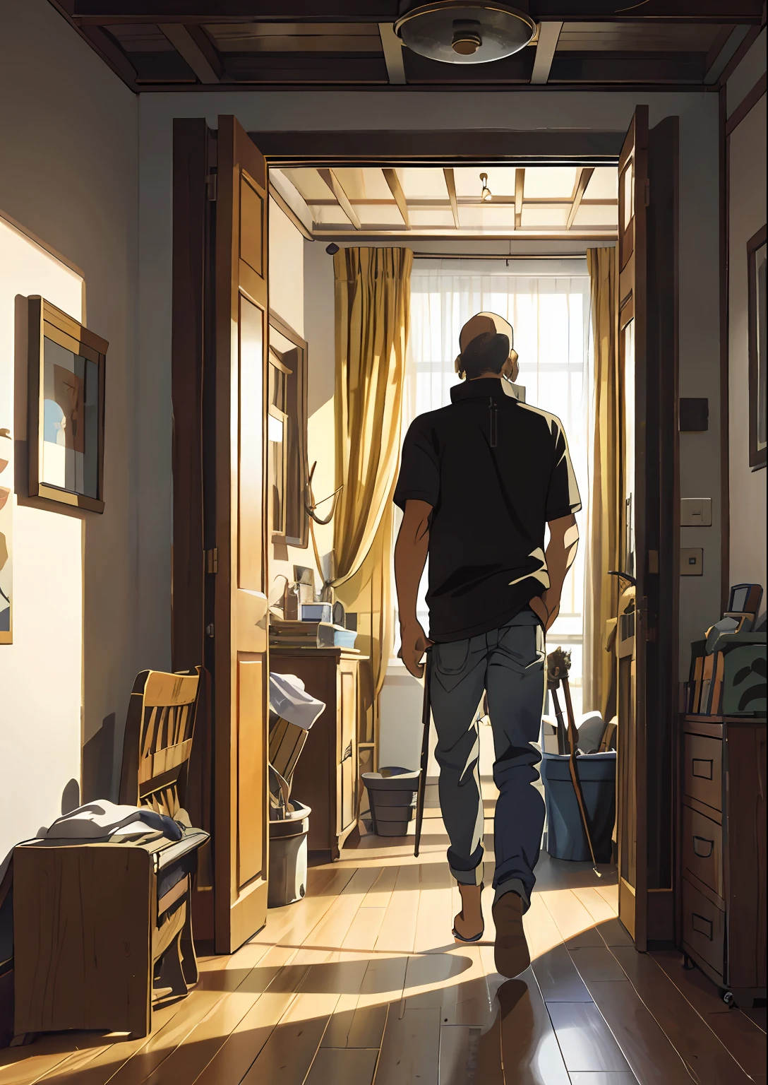 A man with a beard walks towards the door of his room. He has a cane for the . the design is created with the man on the back holding a cane for the blindrt-sleeved polo shirt and jeans. Only 1 man in this scene and it must be the man on the back.