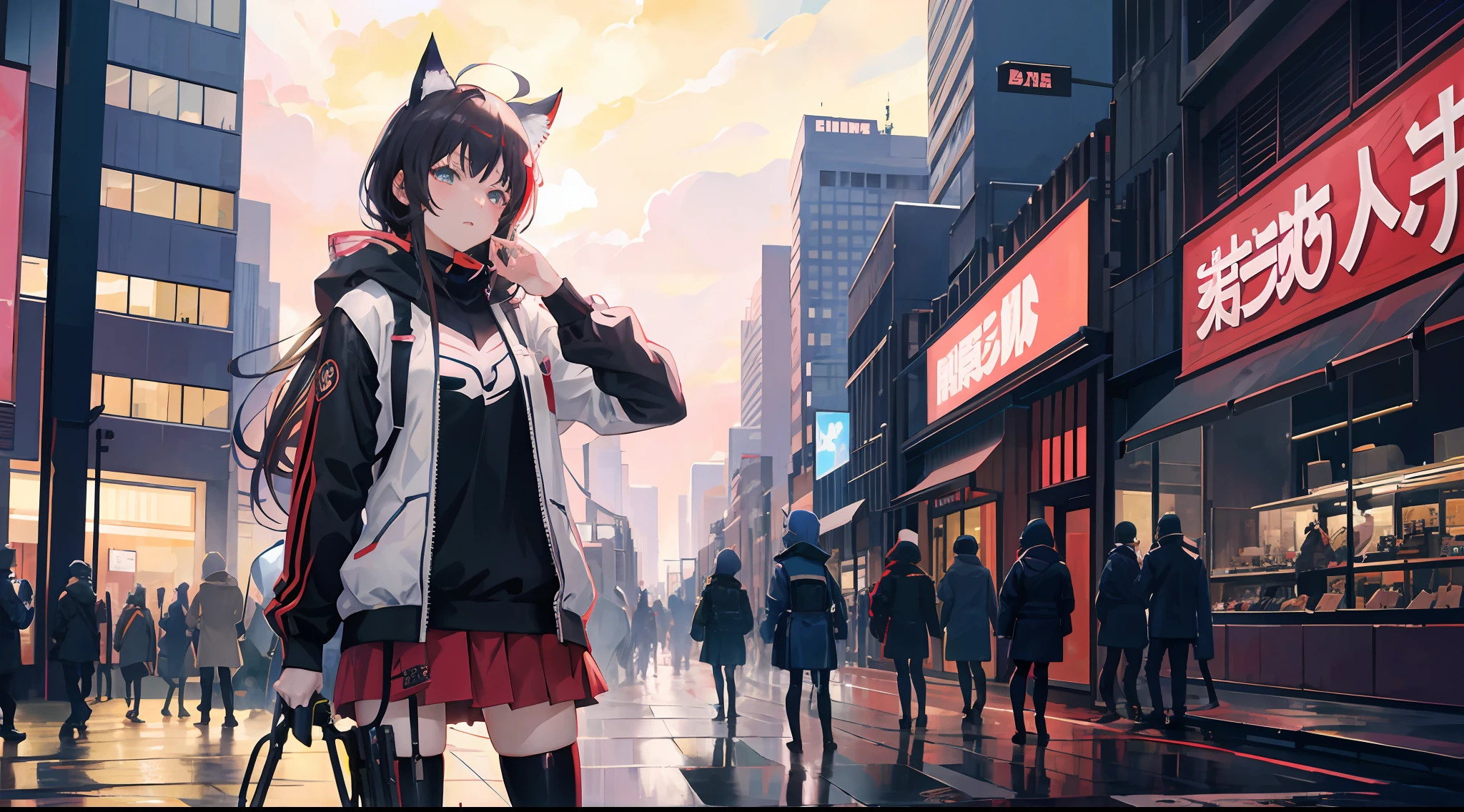 Anime girl with cat ears and sniper rifle, anime style 4 k, Anime art wallpaper 8k, anime art wallpaper 4k, anime art wallpaper 4k, best anime 4k konachan wallpaper, anime wallpaper 4 k, anime wallpaper 4k, 4k anime wallpaper, Digital Cyberpunk Anime Art, 4K anime wallpapers, in a ruined cityscape、Sarah Clothes、military outfits、Face down to shoot a gun