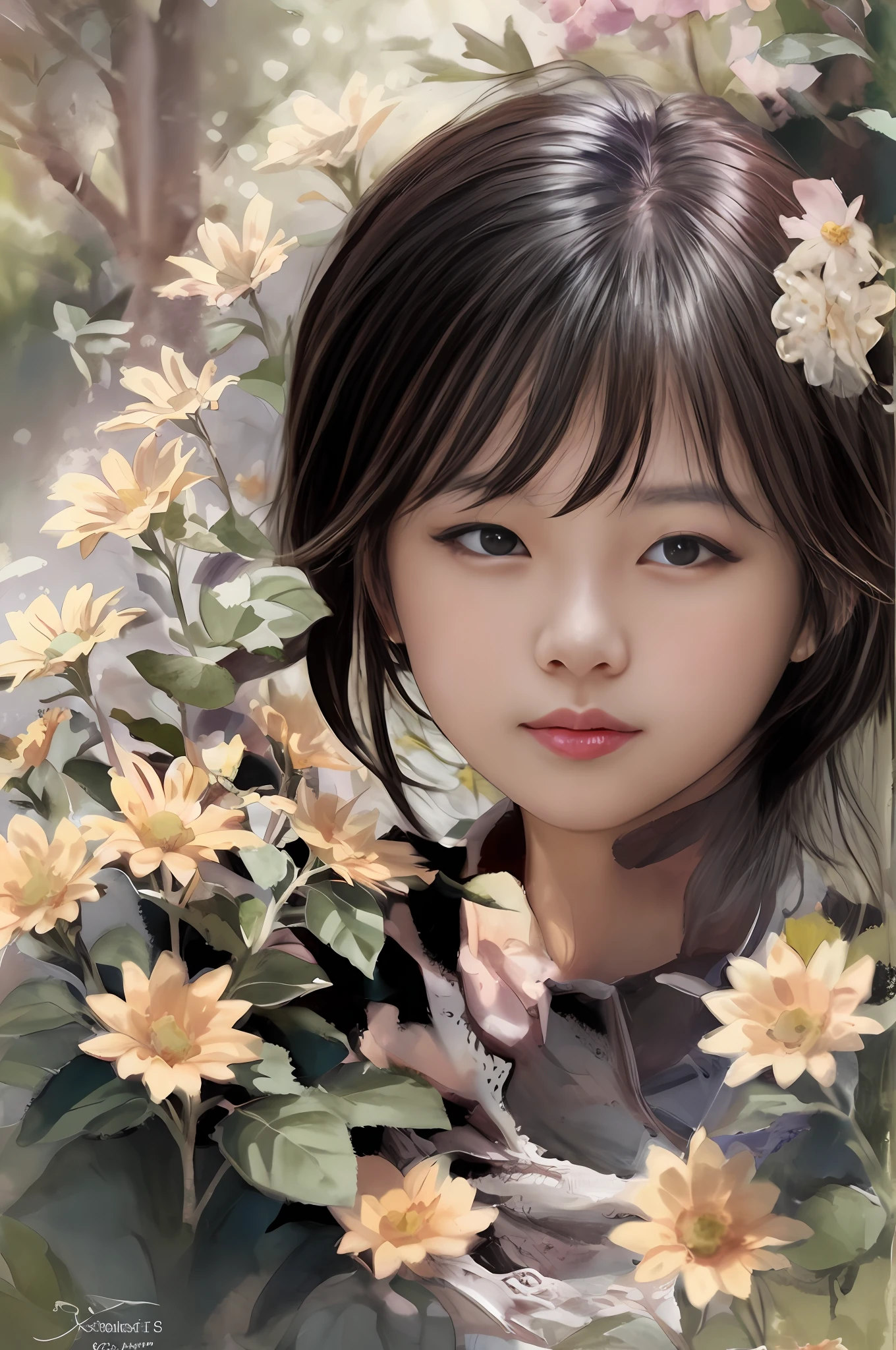 Draw a girl with flowers in her hair, Guviz-style artwork, lovely digital painting, Realistic cute girl painting, beautiful digital painting, Gorgeous digital painting, Guviz, made with anime painter studio, Girl in flowers, A beautiful artwork illustration, adorable digital art, Beautiful digital artwork, jinyoung shin art, Digital painting style,Long hair with a shawl,Big eyes and long eyelashes,Melon seed face,Lovely and pure