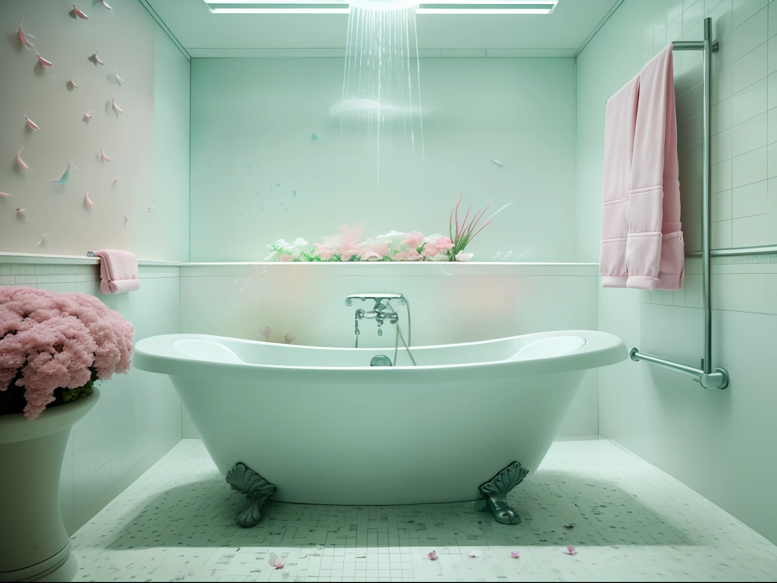 close up, the 90s movie scene, a young man in white shirt being wet and Levitating in a bathroom made by water with filled of full variety of fishes and pink flowers in the room, a scene shot by chen jiru, featured on tumblr, aestheticism, made of pink flowers, handsome, movie still, 1990s, jeon jungkook, film grain, rainy day, bathroom underwater