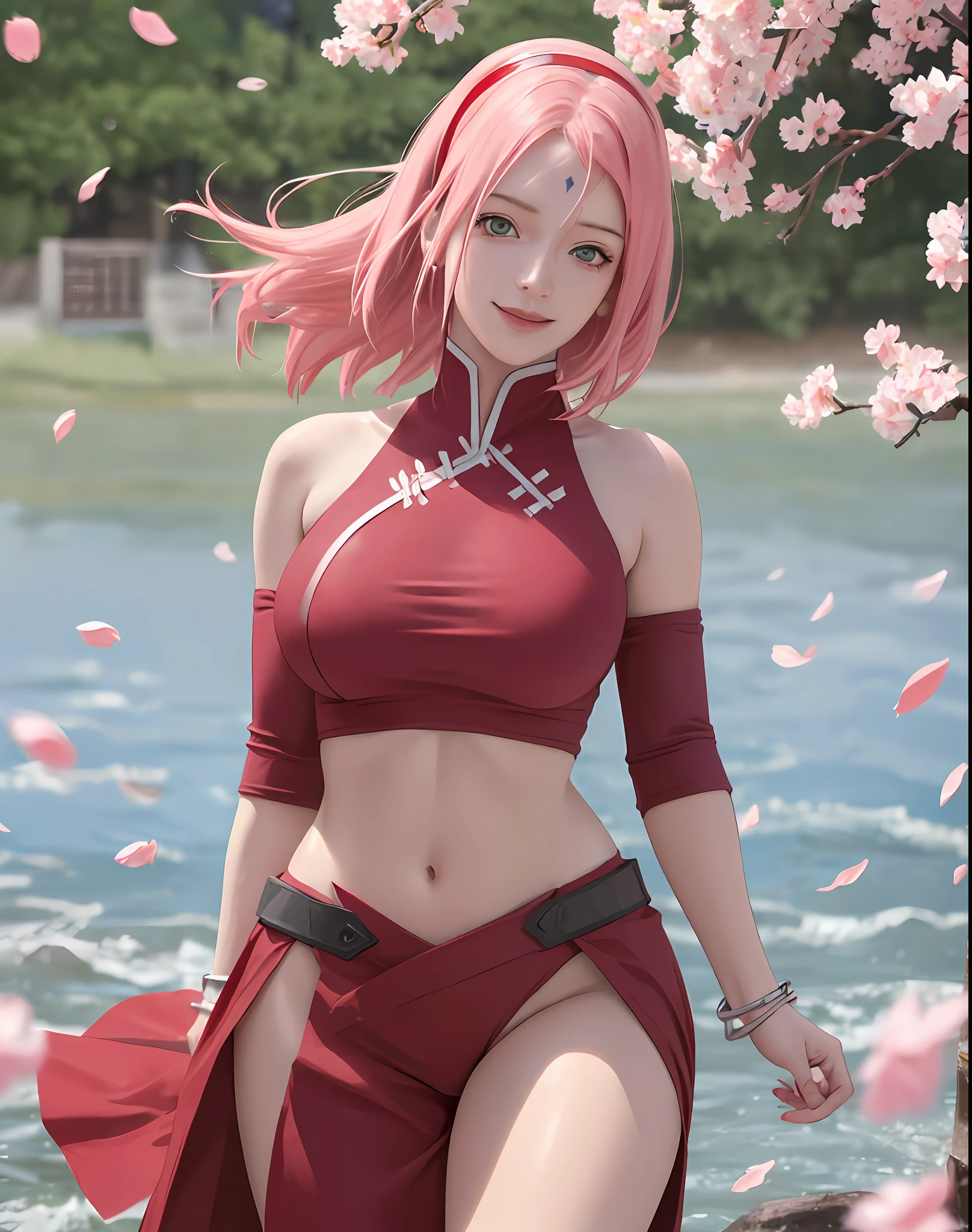 Realistic, Photorealistic,cowboy shot,masterpiece, absurdres ,1girl, haruno sakura, forehead mark, red hairband, red sleeveless dress,black , navel, groin, bracelet, looking at viewer, smile, cherry blossoms, private garden, wind, floating hair, large breaswide hips))), toned body, detailed eyes,