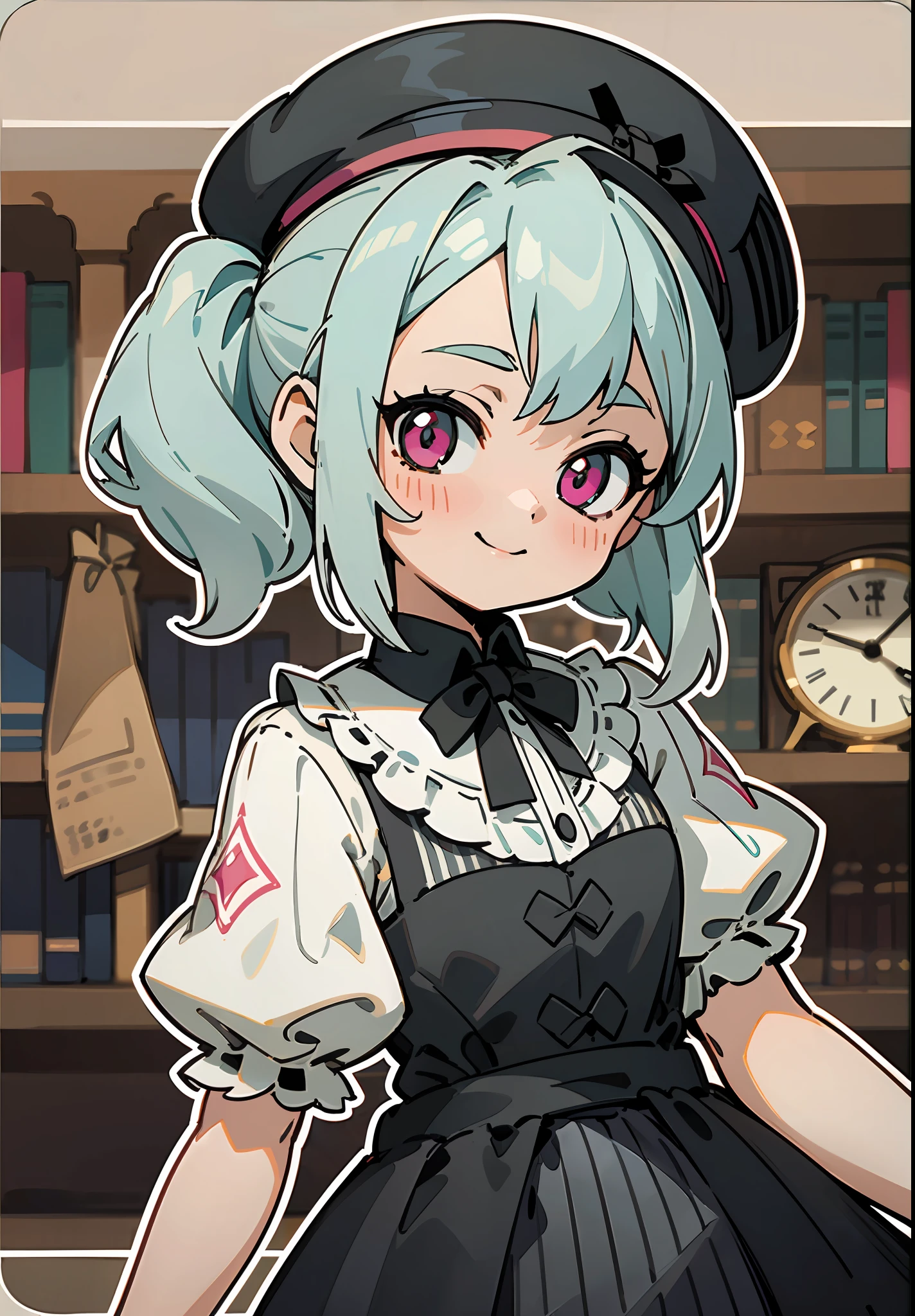 ((Dynamic Angle)), ((****)), (child), ((独奏)), (canny smile), (turquoise hair), (ponytails), (pink eyes), ((French beret)), (((smoth))), (Gothic dress), (****ta Dress), (vintage dress), (Black Dress), (frilld), (beige frill;;;), (Bows), ((Dark red details)), (((Vertical stripes))), ((Clock face in the background)), (library), ((thick outlines)), ((white outlines))