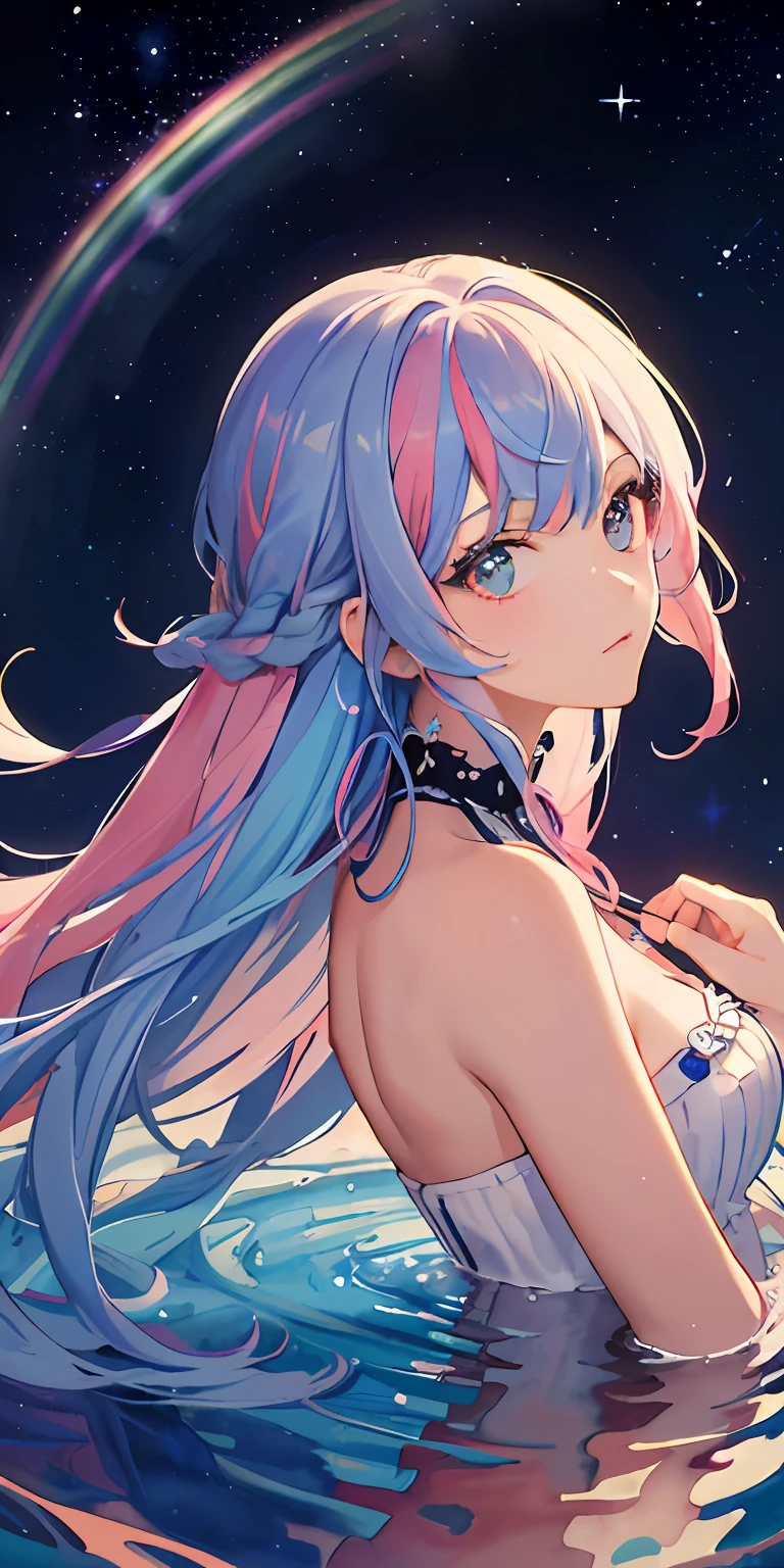 (masterpiece, top quality, best quality,watercolor (medium),official art, beautiful and aesthetic:1.2),(1girl:1.3), (fractal art:1.3),upper body, from side, looking at viewer,patterns,(rainbow color Hair,colorful hair,half blue and half pink hair:1.2),water,liquid, cloud,colorful, starry,stars,