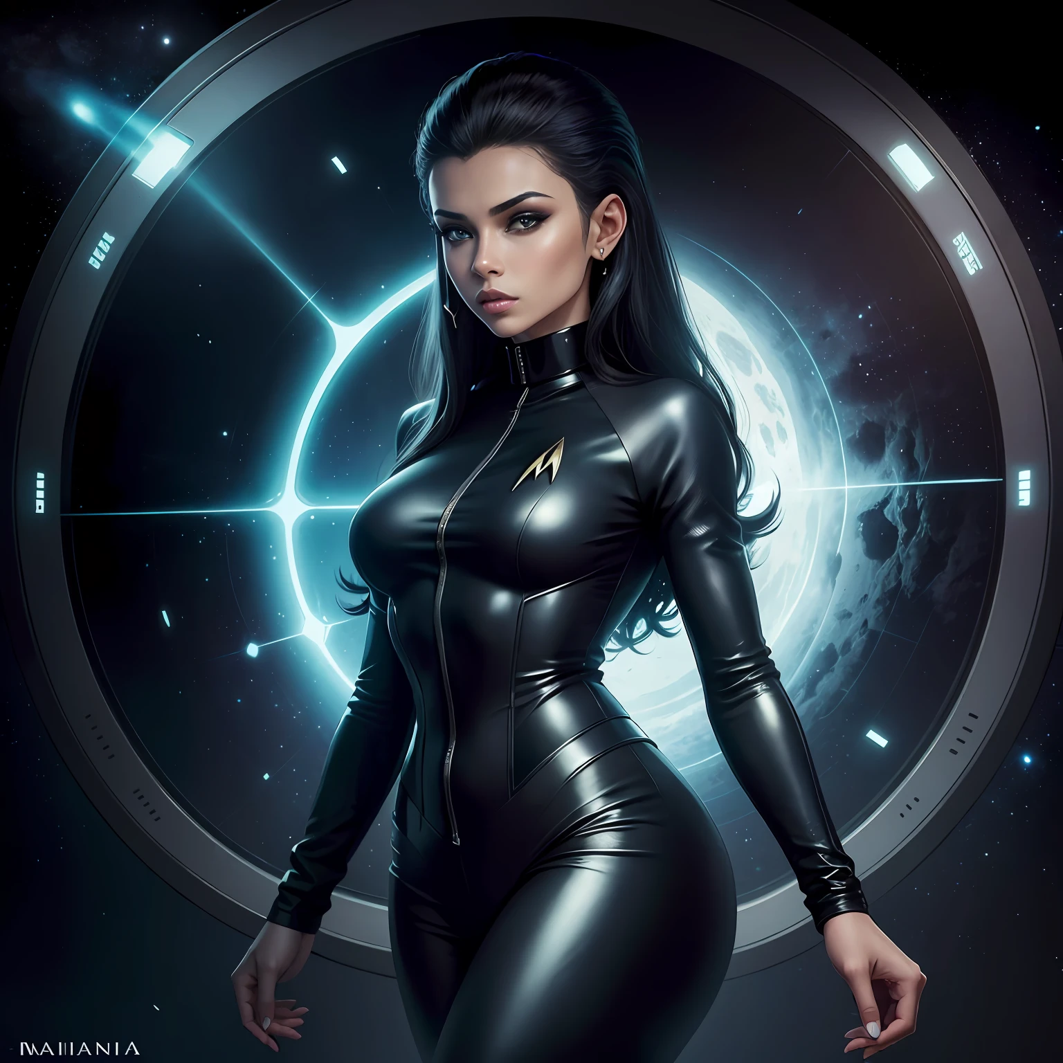 imagem deromulana, sexy, usando uniforme preto, uniforme preto, estilo Star Trek, imagem altamente detalhada, estilo realista, perfect hands, sem imblema no uniforme, estilo Star Trek teleporter