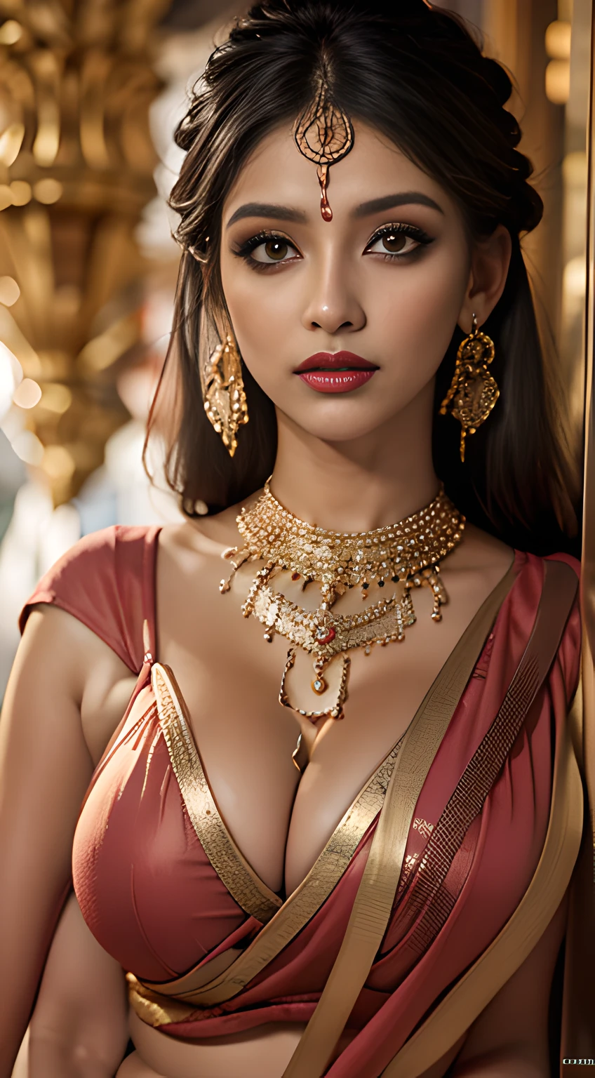 ultra realistic 8k cg, picture-perfect face, flawless, clean, masterpiece, professional artwork, famous artwork, cinematic lighting, cinematic bloom, perfect face, beautiful face,(huge breasts:1.4, nipple outline, camel toe), (skindentation), thick thighs, wide hips, narrow waist, deep cleavage, beautiful clothes, sari, lace, lace trim, sfw, indian, very long hair, (rich:1.4), prestige, luxury, jewelry, intricate detail, delicate pattern, seductive, erotic, enchanting, hair ornament, necklace, earrings, bracelet, armlet