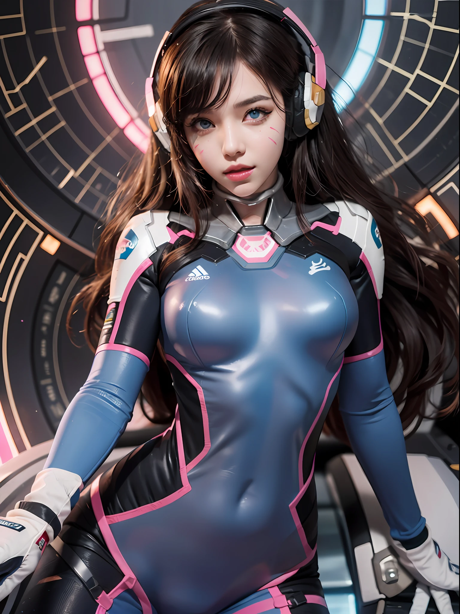 1girl, d.va (overwatch), solo, long hair, whisker markings, bodysuit, brown hair, facial mark, gloves, breasts, brown eyes, pilot suit, cowboy shot, headphones, white gloves, medium breasts, swept bangs, skin tight, animal print, bangs, bunny print, ribbed bodysuit, facepaint, pink lips, (ultra detailed), (8k, intricate), (85mm), light particles, lighting, breast focus, full body, (highly detailed:1.2), (detailed face:0,8), (gradients), sfw, colorful, (detailed eyes:1.5), (detailed background), (dynamic angle:1.2), (dynamic pose:1.2), (rule of third_composition:1.3), (Line of action:1.2), daylight, solo.